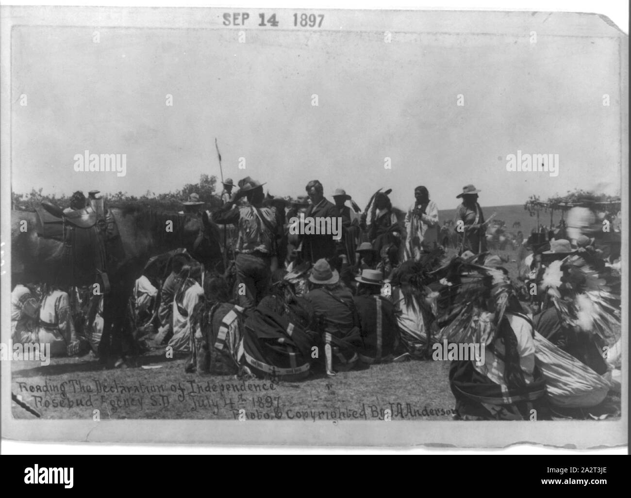 Reading the Declaration of Independence white man to Lakota (Brule) assemblage Rosebud Agency, S.D. Stock Photo