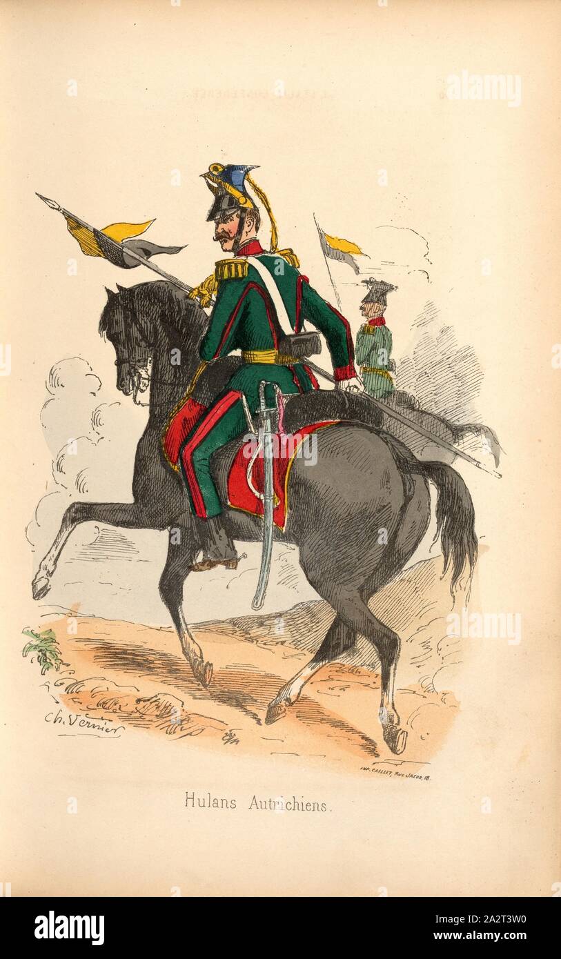Austrian Hulans, Uhlans or cavalryman, signed: Ch. Vernier, Fig. 3, Part 1, after p. 70, Vernier, Ch. (dess.), Amédée de Cesena: Campagne de Piémont et de Lombardie en 1859. Paris: Garnier frères, 1860 Stock Photo