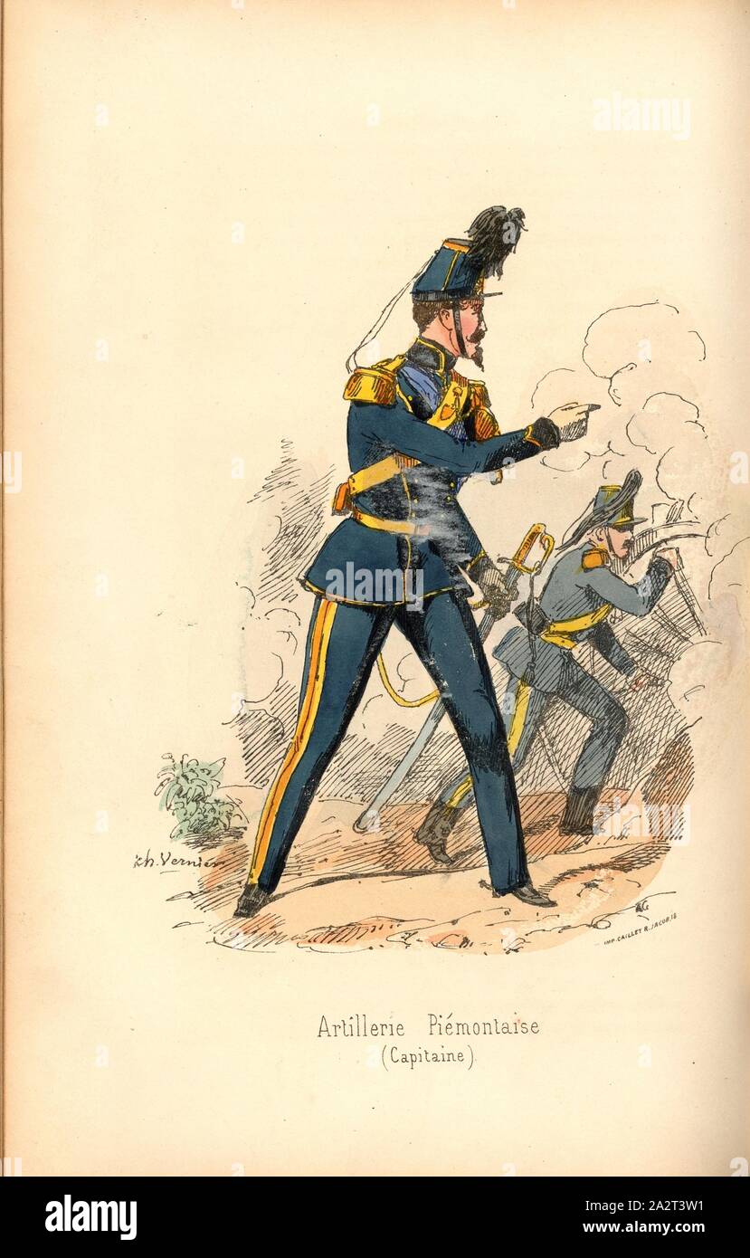 Piedmontese Artillery, Gunner, signed: Ch. Vernier, Fig. 4, Part 1, after p. 90, Vernier, Ch. (dess.), Amédée de Cesena: Campagne de Piémont et de Lombardie en 1859. Paris: Garnier frères, 1860 Stock Photo