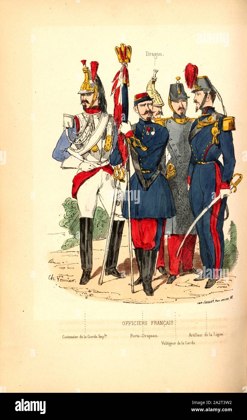 French officers, French officers, signed: Ch. Vernier, Fig. 5, Part 1, after p. 126, Vernier, Ch. (dess.), Amédée de Cesena: Campagne de Piémont et de Lombardie en 1859. Paris: Garnier frères, 1860 Stock Photo