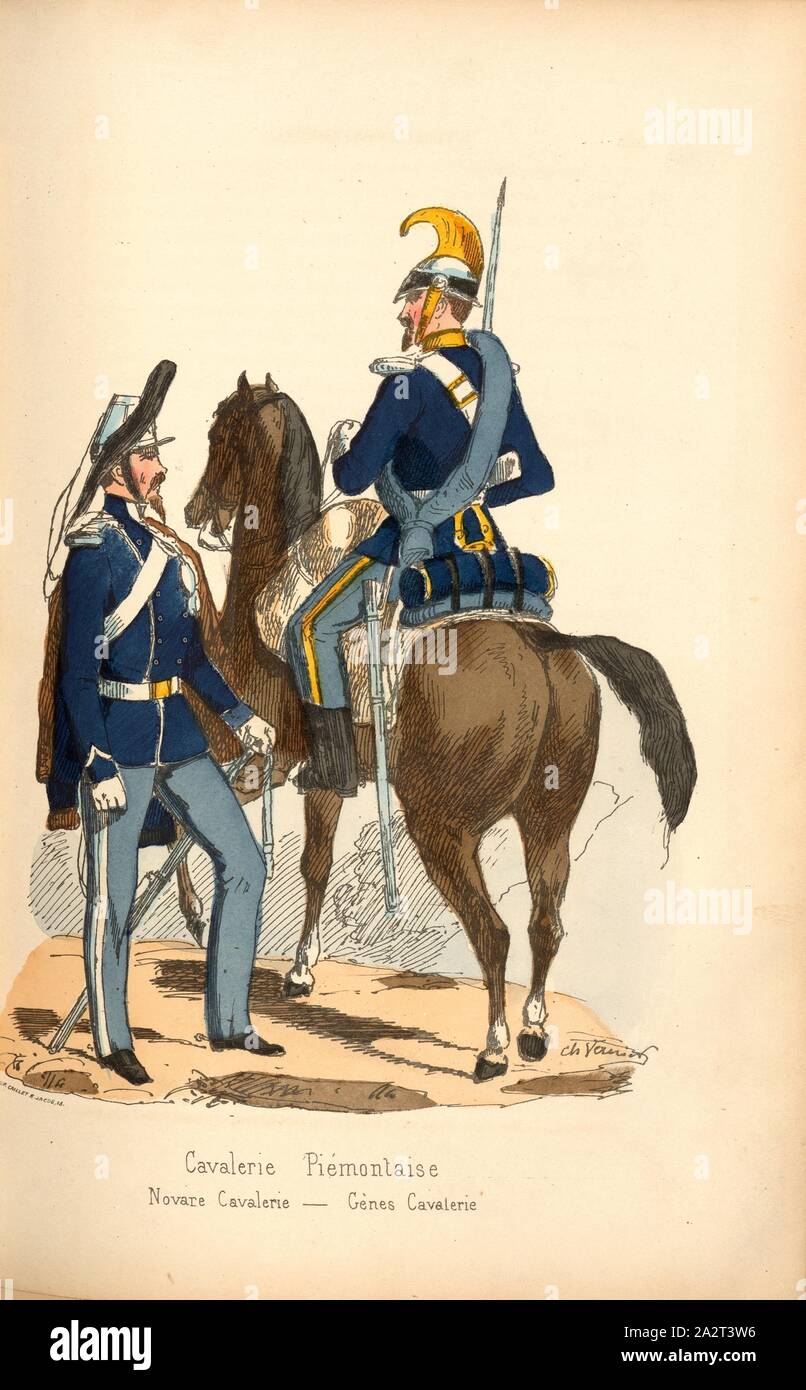 Piedmontese Cavalry, Cavalryman, signed: Ch. Vernier, Fig. 9, Part 1, after p. 222, Vernier, Ch. (dess.), Amédée de Cesena: Campagne de Piémont et de Lombardie en 1859. Paris: Garnier frères, 1860 Stock Photo