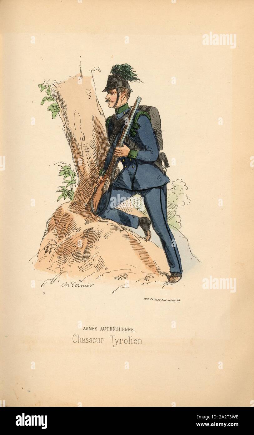 Austrian Army, Tyrolean Fighter, Hunter of the Austrian Regiment of the Army of the Austro-Hungarian Monarchy, signed: Ch. Vernier, Fig. 16, Part 2, after p. 40, Vernier, Ch. (dess.), Amédée de Cesena: Campagne de Piémont et de Lombardie en 1859. Paris: Garnier frères, 1860 Stock Photo