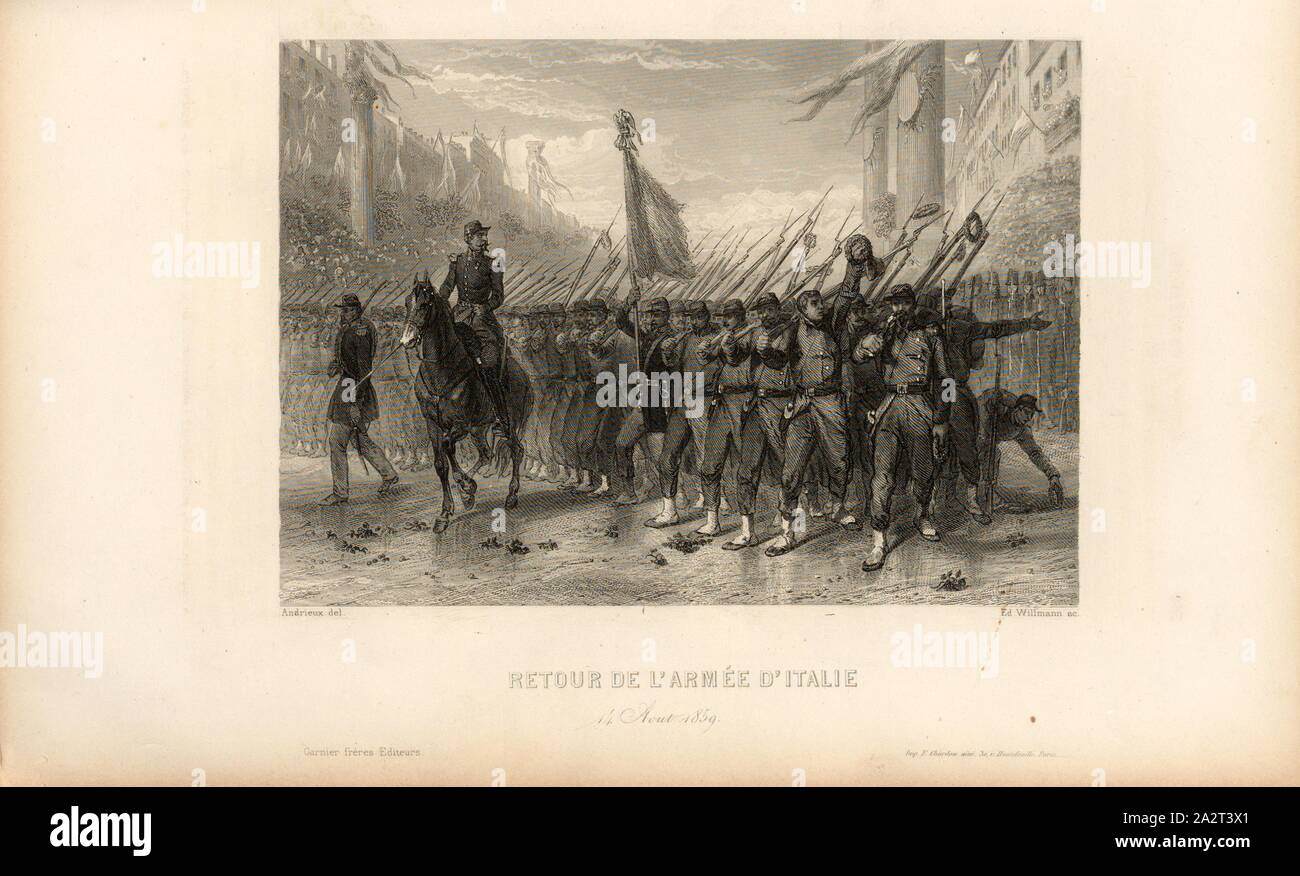 Return of the Army of Italy, Soldiers of the Italian Army on 14th August 1859, signed: Andrieux (del.); Ed, Willmann (sc.); Garnier frères (editeurs), Fig. 27, Part 2, after p. 314, Andrieux, Clément-Auguste (del.); Willmann, Edouard (sc.); Garnier frères (editeurs), Amédée de Cesena: Campagne de Piémont et de Lombardie en 1859. Paris: Garnier frères, 1860 Stock Photo