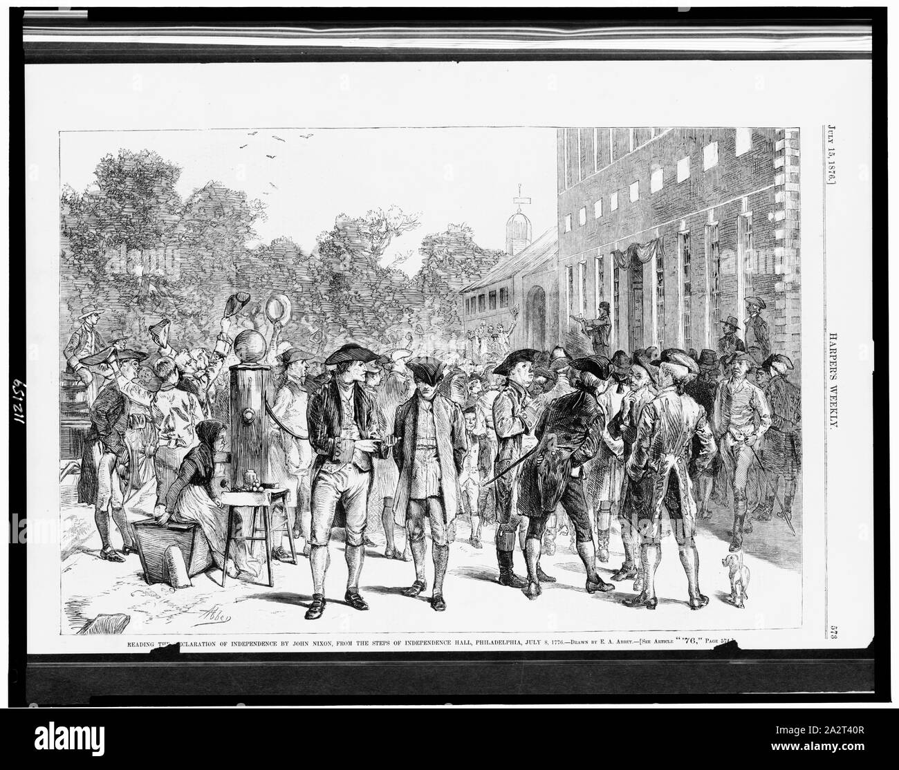 Reading the Declaration of Independence by John Nixon, from the steps of Independence Hall, Philadelphia, July 8, 1776 / drawn by E.A. Abbey. Stock Photo