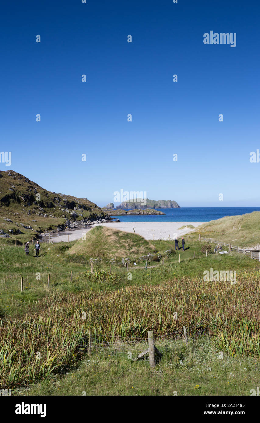 The reconstructed Iron Age House at Bosta Beach, Bernera, Isle of Lewis, Outer Hebrides Stock Photo