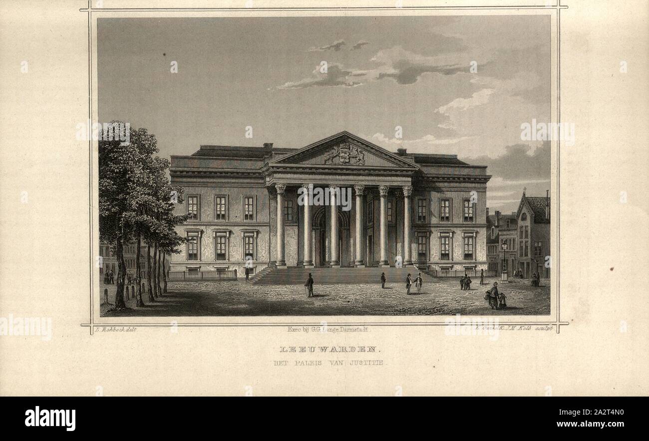 Leeuwarden. The Palace of Justice, View of Paleis van Justitie in Leeuwarden, signed: L. Rohbock (del.); K. Gunkel & J.M. Kolb (sculp.), After p. 478, p. 733, Rohbock, Ludwig (del.); Gunkel, K. (sculp.); Kolb, Joseph Maximilian (sculp.), 1863, Der Rhein und die Rheinlande in malerischen Original-Ansichten: Abtheilung 3, Section 2 / Holland. Darmstadt: Druck und Verlag von Gustav Lange, 1863 Stock Photo