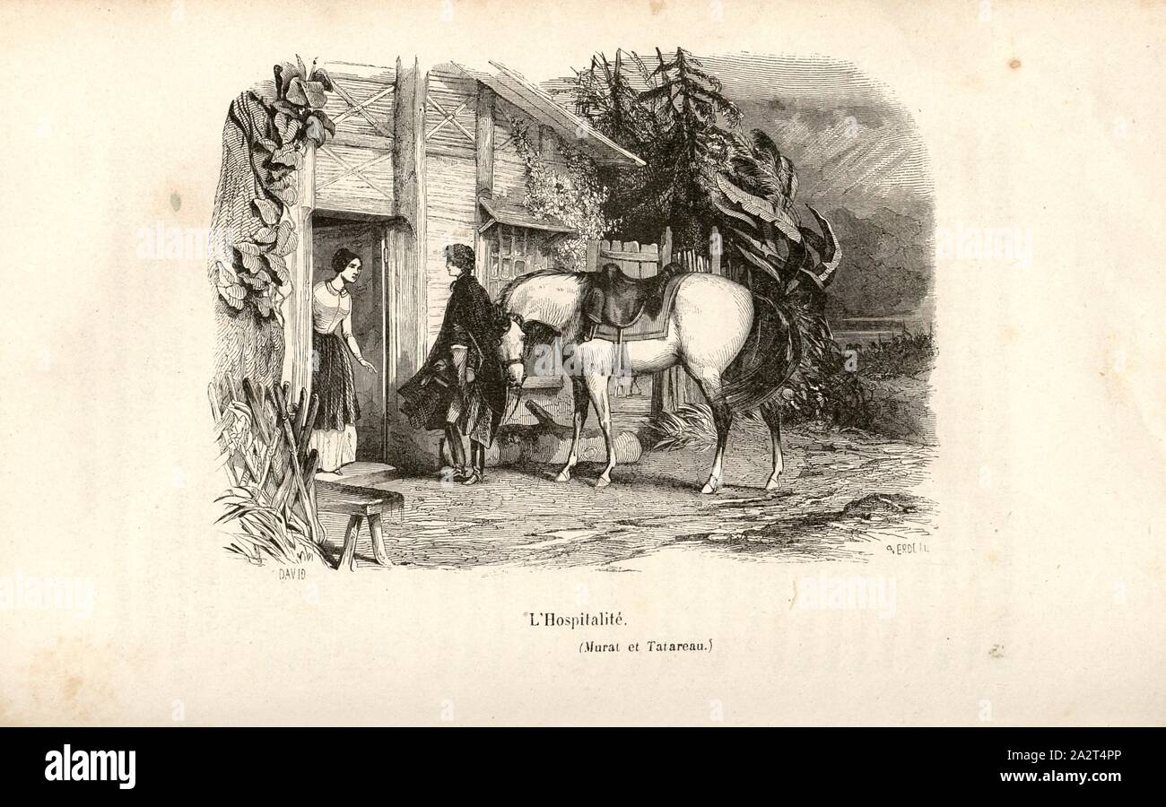 hospitality, Achilles Murat with horse in front of the house of Tatareau, signed: David; Verdeil, Fig. 14, after p. 418, David, Jules; Verdeil, Pierre, Emile Marco de Saint-Hilaire: Souvenirs intimes du temps de l'Empire. Bd. 1. Paris: Jules Fellens, 1851-1855 Stock Photo