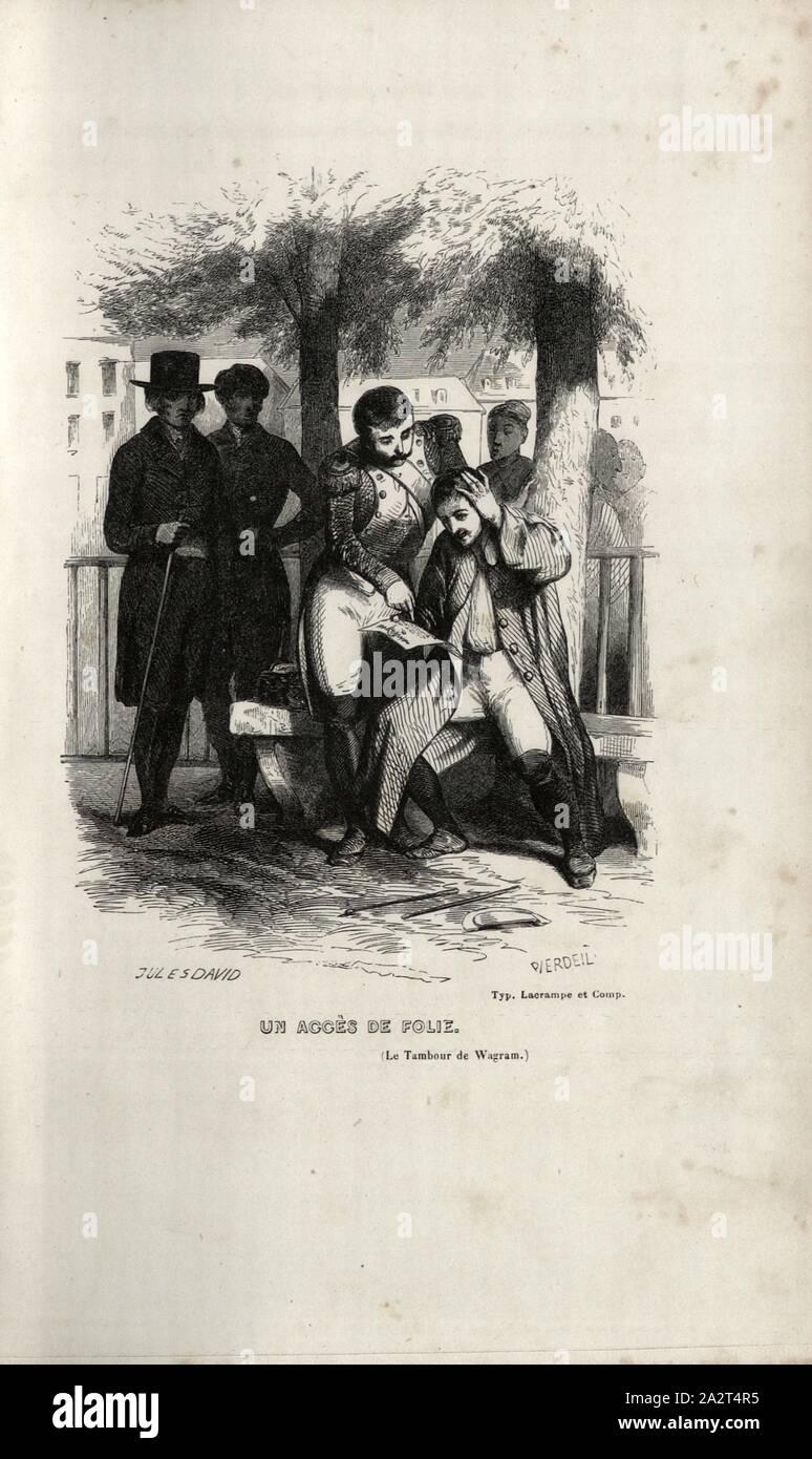 A Madness Access, Sergent Bonneville and Tambour Romeuf with the bulletin de la battaille de Wagram, signed: Jules David; P. Verdeil, Fig. 3, after p. 80, David, Jules; Verdeil, Pierre, Emile Marco de Saint-Hilaire: Souvenirs intimes du temps de l'Empire. Bd. 2. Paris: Jules Fellens, 1851-1855 Stock Photo