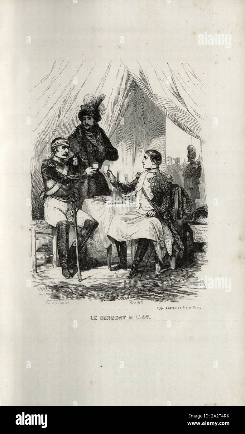 Sergeant Millot, Napoleon, the injured soldier Millot and Murat in the camp near Heilsberg, signed: Jules David; Verdeil, Fig. 16, according to p. 622, David, Jules; Verdeil, Pierre, Emile Marco de Saint-Hilaire: Souvenirs intimes du temps de l'Empire. Bd. 2. Paris: Jules Fellens, 1851-1855 Stock Photo