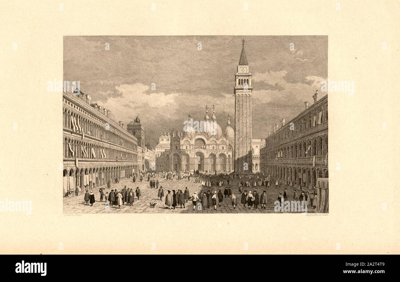 Piazza San Marco, View of St. Mark's Square in Venice, signed: Drawn by S. Prout; Engraved by Yes., Carter, after p. 214, p. 245, Prout, Samuel (del.); Carter, J. (sc.), [Jules Léonard Belin]: Le Simplon et l'Italie septentrionale: promenades et pèlerinages. Paris. Belin-Leprieur, [18 Stock Photo