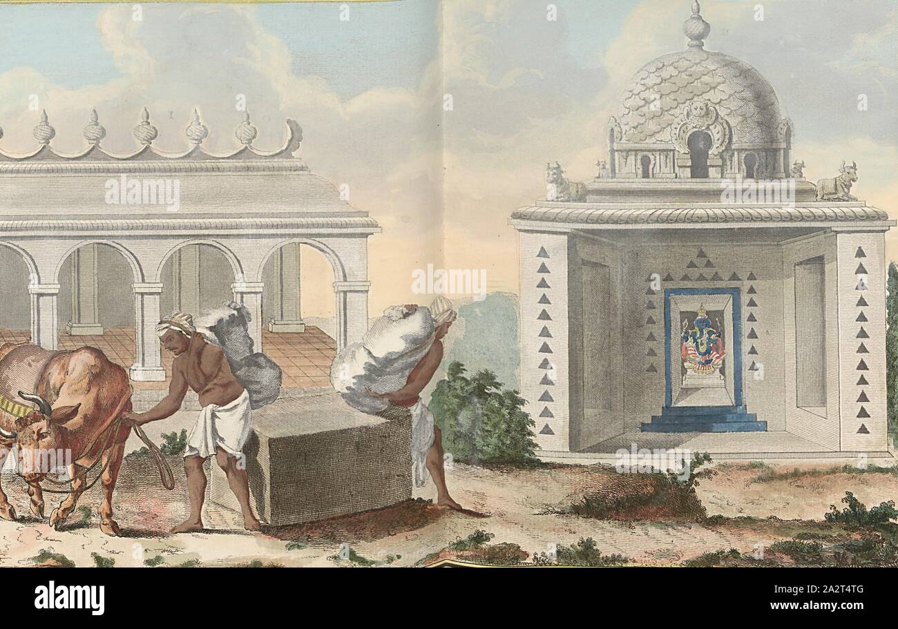 Boiler and Pagotin, Two Indian workers with an ox in front of a caravansary (hostel) and a small Indian temple with a dome (pagoda), signed: P. Sonnerat pinx, Poisson sc, pl. 2, after p. 24 (vol., 1), Sonnerat, Pierre M. (pinx.); Poisson, Jean-Baptiste Marie (sculp.), 1782, Sonnerat, Pierre: Voyages aux Indes orientales et a la Chine. fait par ordre du Roi depuis 1774 jusqu'en 1781: dans lequel on traite des moeurs, de la religion, des sciences & des arts des Indiens, des Chinois, des Pégouins & des Madégasses (...). Paris: chez l'auteur: chez Froulé: chez Nyon ..., 1782 Stock Photo