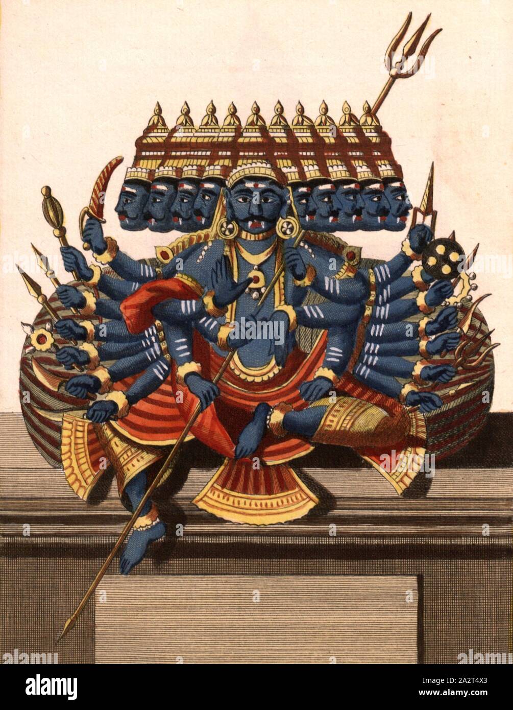 Ravanen King of Ceylon Island, The ten-headed Ravan, king of Ceylan Island stands for power and market, Signed: P. Sonnerat pinx, Poisson sc, Pl. 42, before p. 165 (vol. 1), Sonnerat, Pierre M. (pinx.); Poisson, Jean-Baptiste Marie (sculp.), 1782, Sonnerat, Pierre: Voyages aux Indes orientales et a la Chine. fait par ordre du Roi depuis 1774 jusqu'en 1781: dans lequel on traite des moeurs, de la religion, des sciences & des arts des Indiens, des Chinois, des Pégouins & des Madégasses (...). Paris: chez l'auteur: chez Froulé: chez Nyon ..., 1782 Stock Photo