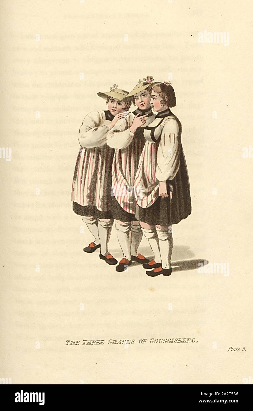 The three graces of Guggisberg, Three girls from Guggisberg, Canton of Berne, pl. 5, to p. 116 (vol. 1), Yosy, A., A. Yosi, Switzerland, as now divided into nineteen cantons (...). London: J. Booth & J. Murray, 1815 Stock Photo