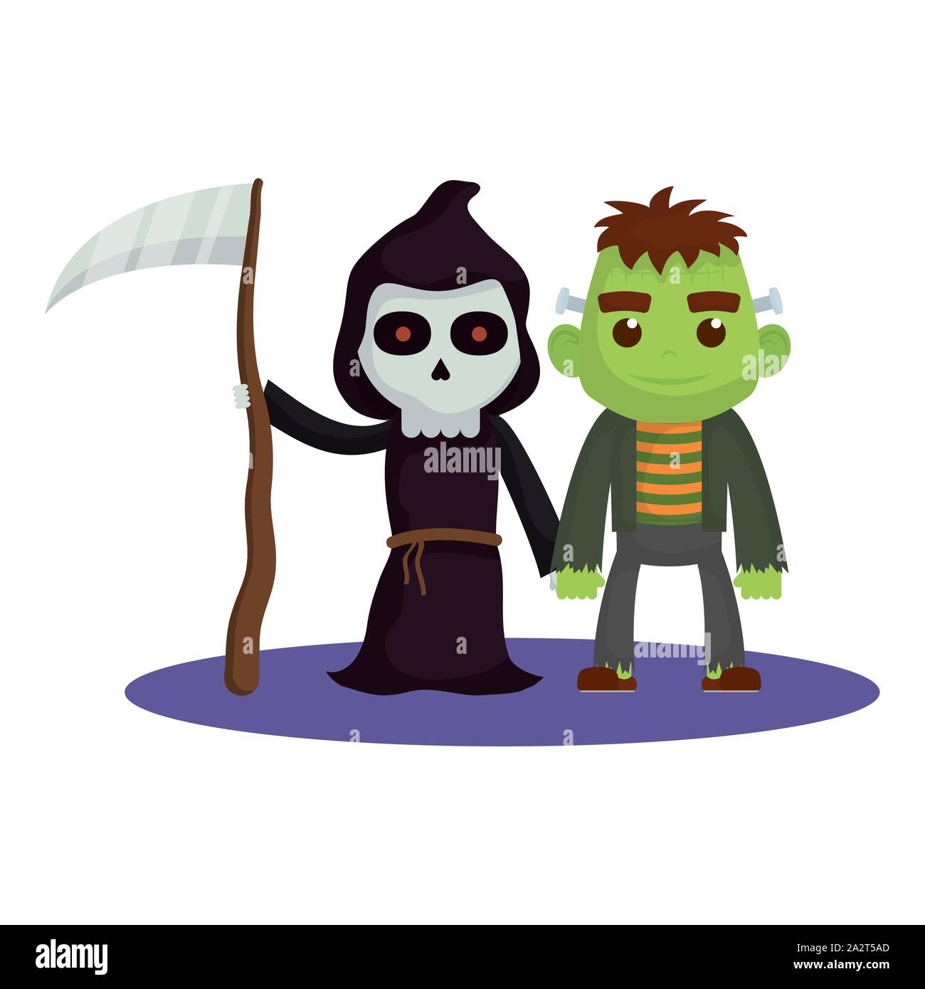 little kids with death and frankenstein costumes characters Stock