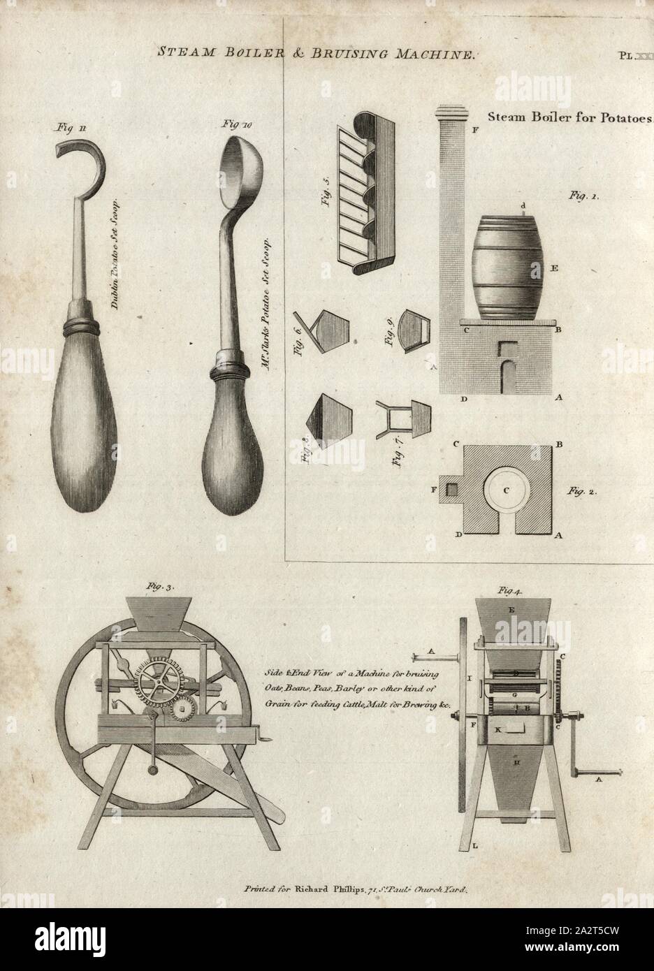 Steam Boiler and Bruising Machine, Boiler and Stamper, Fig. 23, Pl. XXIII, after p. 64, R.W. Dickson: Practical agriculture, or, a complete system of modern husbandry: with the methods of planting, and the management of live stock. Bd. 1. London: printed for Richard Phillips; by R. Taylor and Co., 1805 Stock Photo
