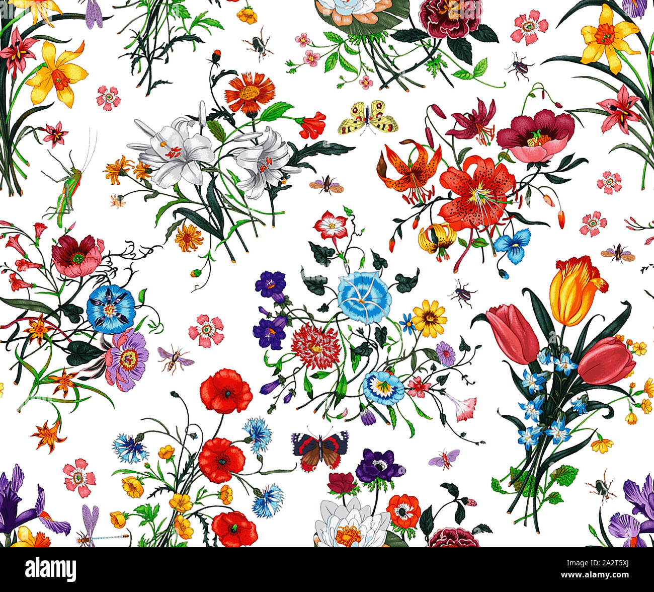 Seamless floral pattern with bright colorful flowers with leaves on a white background. The elegant template for fashion prints. Modern floral backgro Stock Photo