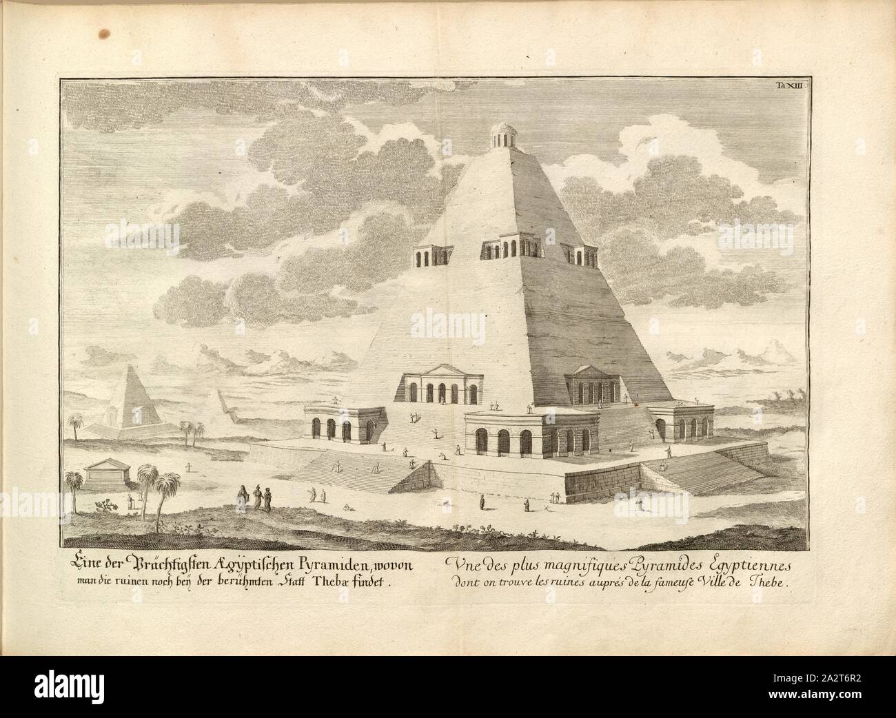 One of the most magnificent Aegypt Pyramids ..., Illustration of a Thebes pyramid from the 18th century, TA., XIII, p. 67, Johann Bernhard Fischer von Erlach: Entwurff einer historischen Architectur, in Abbildung unterschiedener berühmten Gebäude, des Alterthums, und fremder Völcker, umb aus den Geschichtbüchern, Gedächtnüsz-Müntzen, Ruinen, und eingeholten wahrhafften Abriszen, vor Augen zu stellen [...]. Erstes Buch. Wien, 1721 Stock Photo