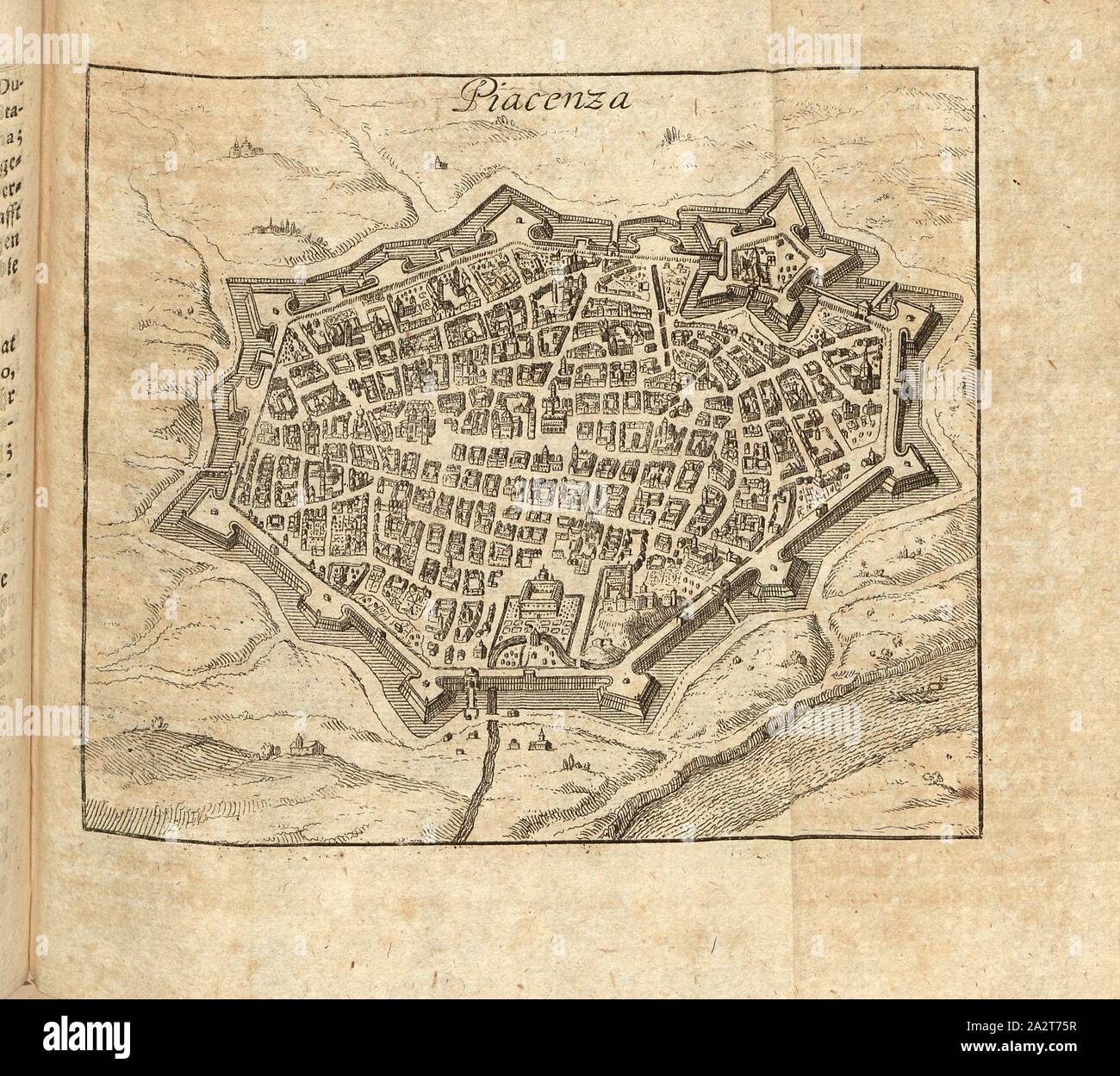 Piacenza, Plan Piacenza, p. 520, 1702, Schauplatz des Krieges in Italien, oder accurate Beschreibung der Lombardey: worinnen der Hertzogthümer Meyland, Savoyen, Piemont, Montferrat, Parma, Modena und Mantua, auch derer Republiquen Venedig, Genua und Lucca, ingleichen anderer kleinen Fürstenthümer alte und neue Historie, Geographie und Staats-Verfassung auffs genaueste entworffen wird [...]. Leipzig: bey Thomas Fritschen, 1702 Stock Photo