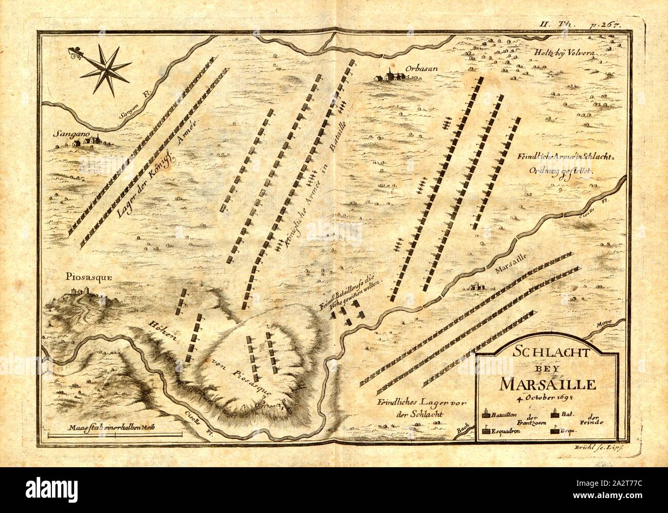 Battle of Marseille, Map of the Battle of Marsaglia on October 4, 1693 (also Battle of Orbassano), Signed: Brühl sc, Fig. 1, II. Th, after p. 266, Brühl, Johann Benjamin (sc.), 1738, Antoine de Pas de Feuquières: Geheime und sonderbare Kriegs-Nachrichten des Marggrafen von Feuquieres. Leipzig: im Weidmannischen Buchladen, 1738 Stock Photo