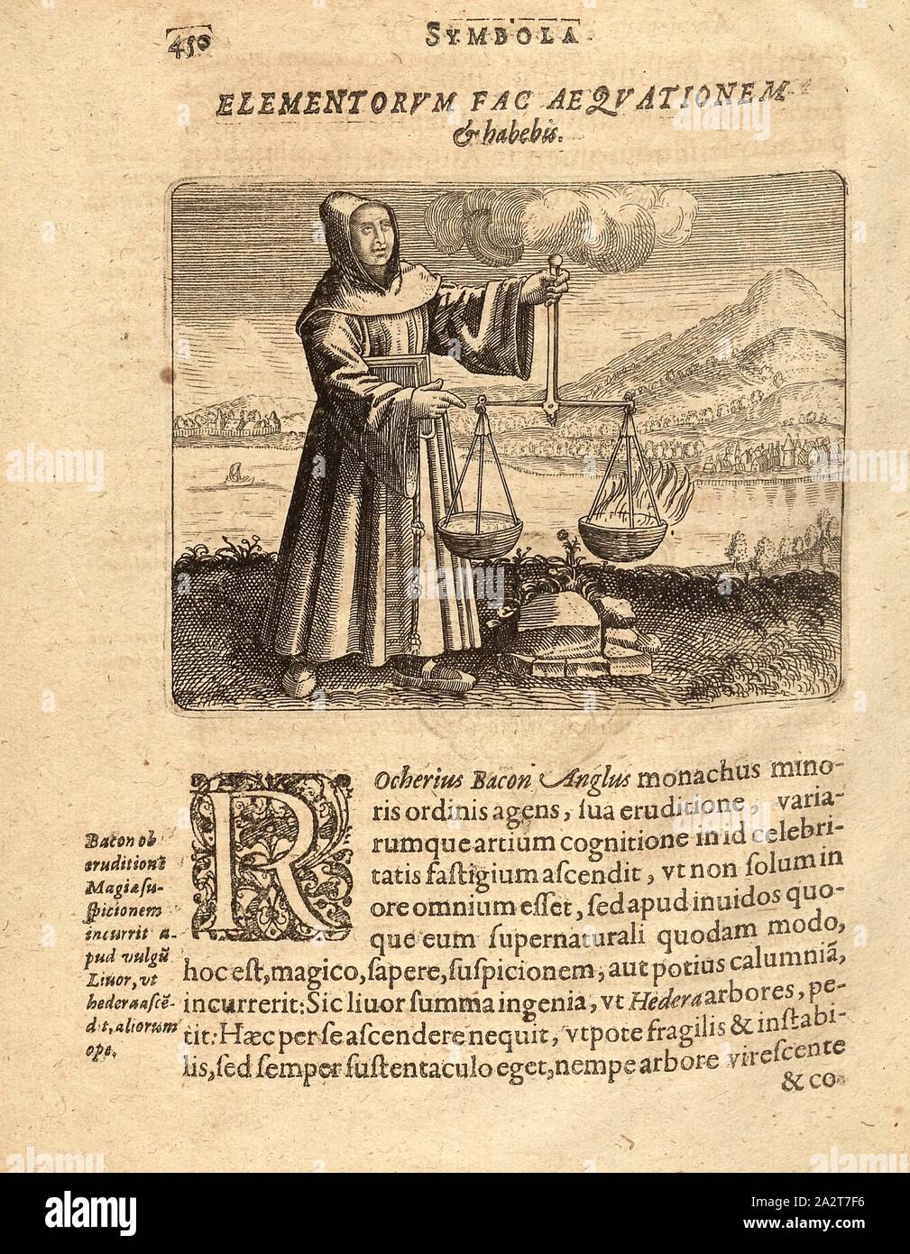 Roger Bacon, Illustration by Roger Bacon from the 17th century, Fig. 1, S 450, 1617, Michael Maier: Symbola aureae mensae duodecim nationum [...]. Francofurti: typis Antonii Hummii, impensis Lucae Iennis, [1617 Stock Photo