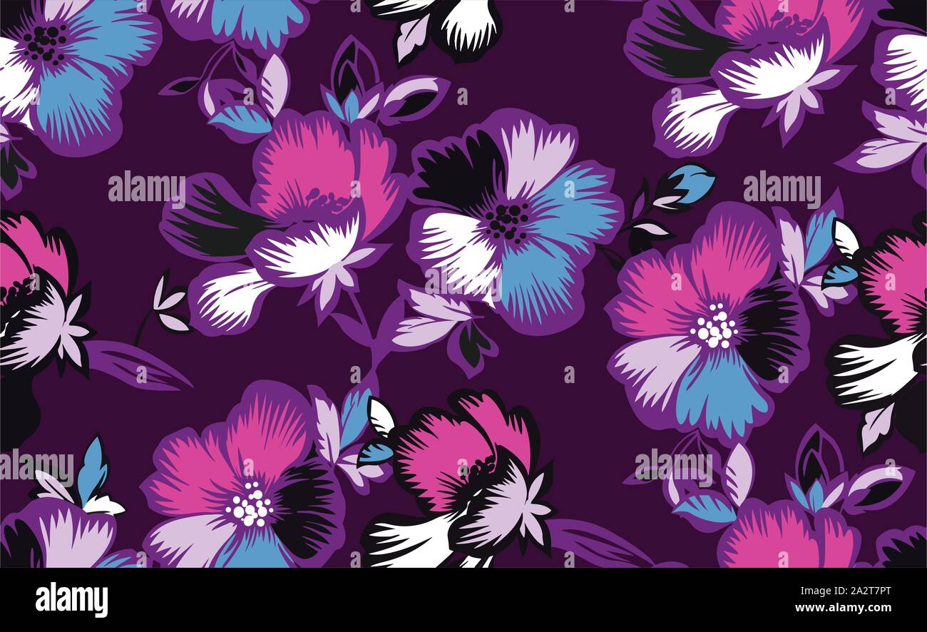 Beautiful floral pattern with leaves on dark violet background. Seamless vintage style.  Vector design for fabric, wallpaper, wrapping paper. Patch fo Stock Vector