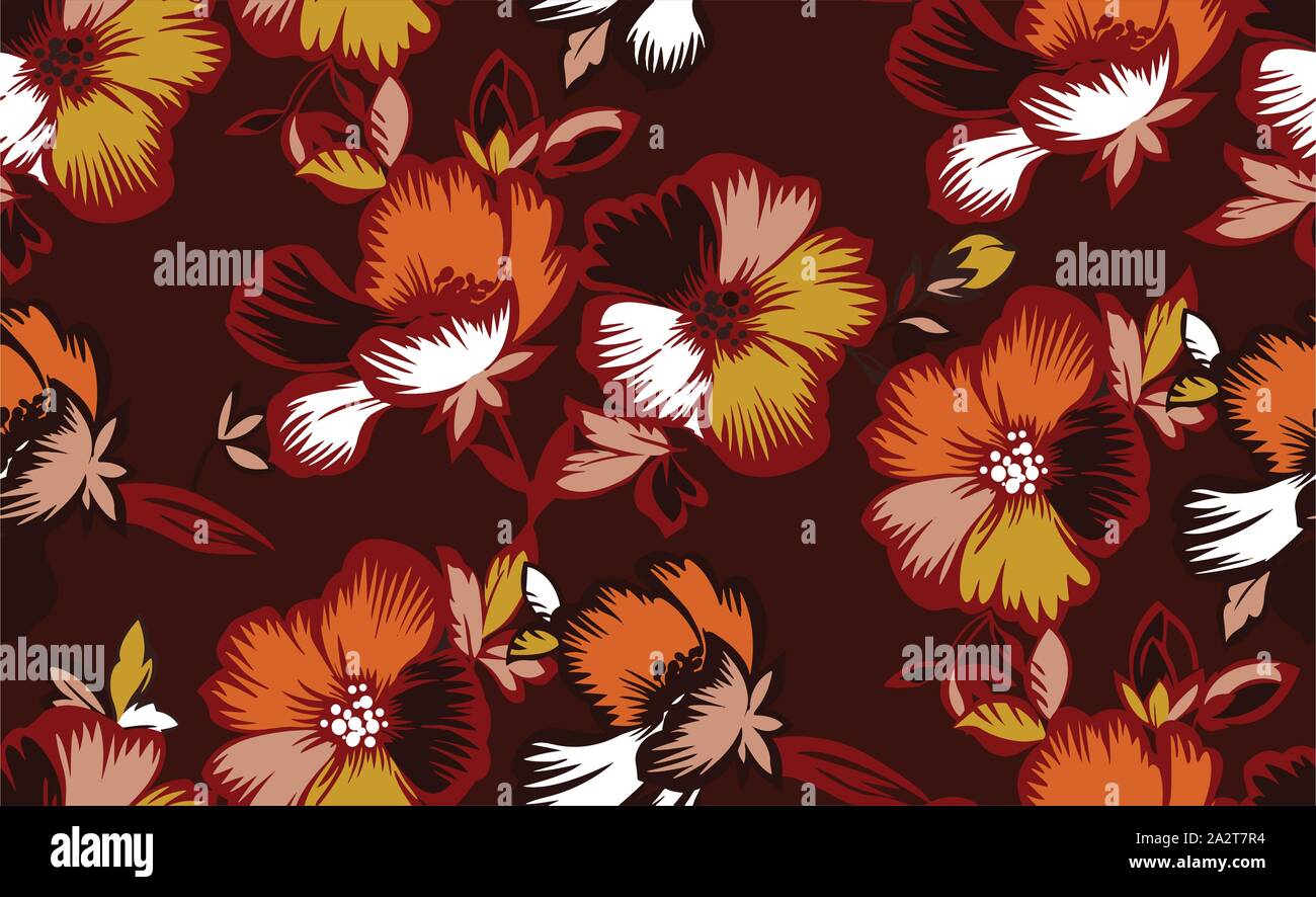 Beautiful floral pattern with leaves on dark red background. Seamless vintage style.  Vector design for fabric, wallpaper, wrapping paper. Patch for t Stock Vector