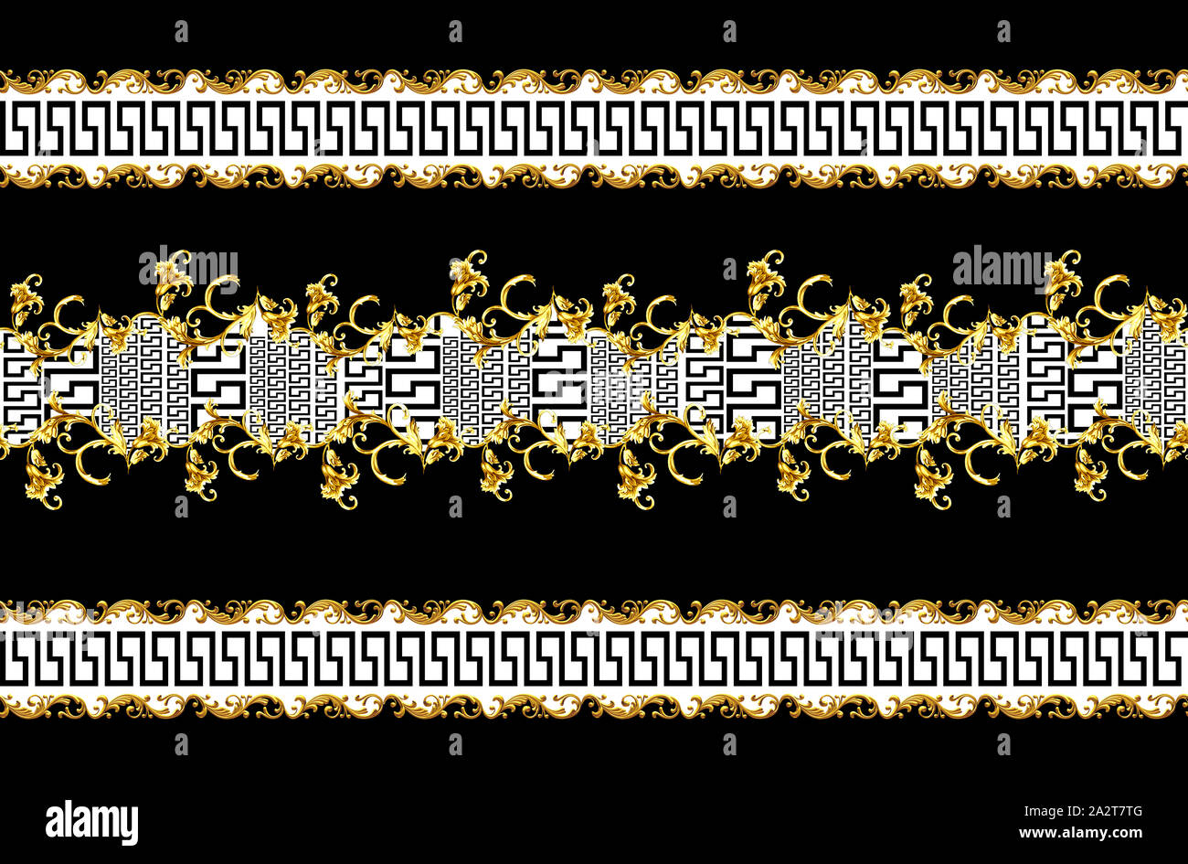 Seamless Pattern of Golden antique decorative baroque on black background. Fabric Design Background ready for textile print. Stock Photo