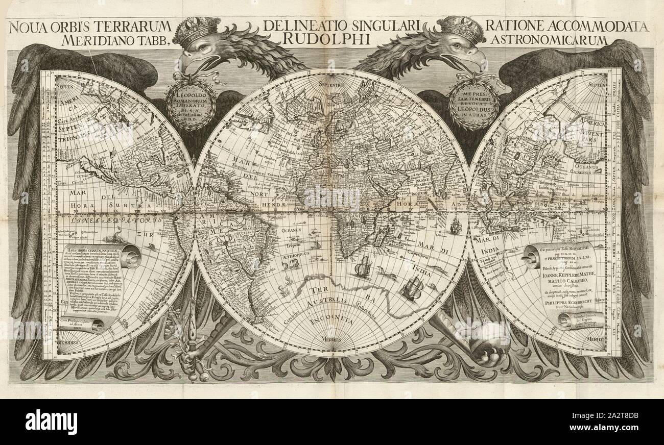 Nova orbis terrarum delineatio singulari ratione accomodata meridiano tabb. rudolphi Astronimicarum, World map with graticule, Signed: Sumptus faciente Jo., Kepplero, sculpsit Norimberge JP., Walch, Fig. 1, according to p. 119, Kepler, Johannes (inv.); Eckebrecht, Philipp (exarav.); Walch, Hans Philipp (sc.), 1630, Johannes Kepler: Tabulae Rudolphinae, quibus astronomicae scientiae, temporum longinquitate collapsae restauratio continetur; a Phoenice illo astronomorum Tychone, ex illustri & generosa Braheorum in regno Daniae familia oriundo equite, primum animo concepta et destinata anno Stock Photo