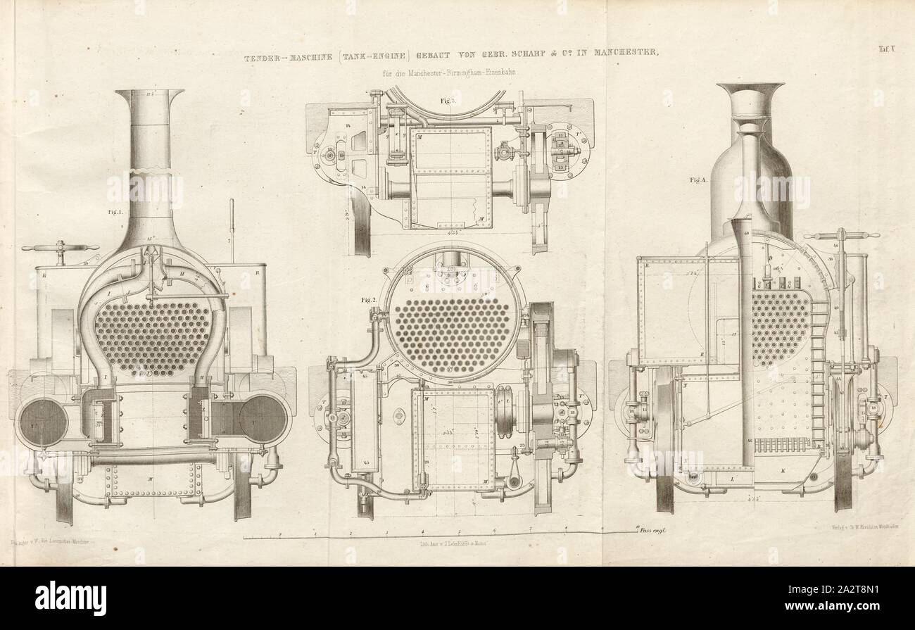 Tender Engine Tank Engine built by Gebr. Scharp, Locomotive of the Sharp, Roberts and Company in Manchester, signed: Heusinger v., W, Lith., v, J. Lehnhardt; Publisher v., Ch. W. Kreidel, plate V, after p. 175, Heusinger von Waldegg, Edmund; Lith. Anstalt von J. Lehnhardt (lith.); Christian Wilhelm Kreidel Verlag (ed.), Edmund Heusinger von Waldegg; Wilhelm Clauss: Abbildung und Beschreibung der Locomotive-Maschine: nach den besten und neuesten Constructionen: unter Benutzung der englischen Werke von Tredgold, Kinnear Clark, und der französischen Schriften von Le Chatelier, Flachat, Petiet Stock Photo