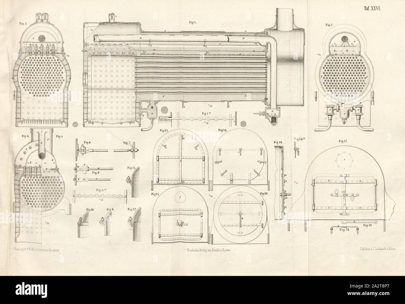 Various constructions of new fire box and boilers, Boiler and firebox of locomotives, signed: Heusinger v., W, Lith., v, J. Lehnhardt; Publisher v., Ch. W. Kreidel, Plate XXVI, after p. 175, Heusinger von Waldegg, Edmund; Lith. Anstalt von J. Lehnhardt (lith.); Christian Wilhelm Kreidel Verlag (ed.), Edmund Heusinger von Waldegg; Wilhelm Clauss: Abbildung und Beschreibung der Locomotive-Maschine: nach den besten und neuesten Constructionen: unter Benutzung der englischen Werke von Tredgold, Kinnear Clark, und der französischen Schriften von Le Chatelier, Flachat, Petiet, Polonceau, Mathias und Stock Photo