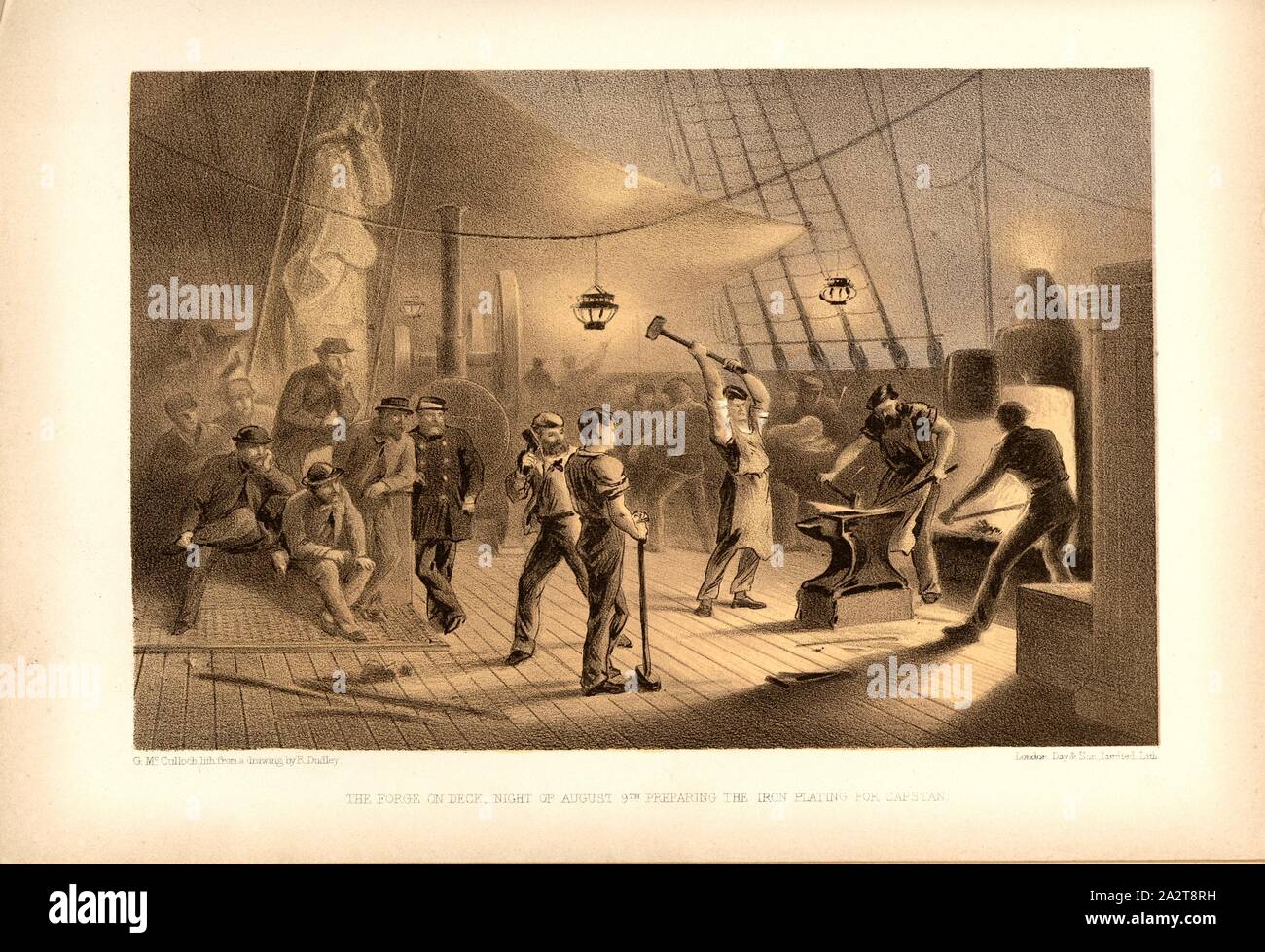The forge on deck night of August 9th preparing the iron plating for capstan, Forge stove on the deck of the Great Eastern Sailer on August 9, 1865, after the tear of the transatlantic cable, Signed: G. Mc., Culloch lith., from a drawing by R. Dudley; Day & Son, Limited, Lith, Fig. 17, after p. 68, Dudley, Robert (ill.), McCulloch, George (lith.); Day & Co (lith.), 1866, William Howard Russell; Robert Dudley: The atlantic telegraph. Dedicated by special permission to His Royal Highness Albert Edward Prince of Wales. London: Day and son Limited, [1866 Stock Photo