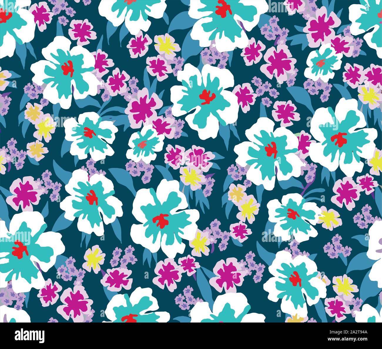 Trendy Seamless Pattern with Decorative Flowers. Repeating Design for Fabric Prints. Small Multicolor Flowers. Blue Background. Modern Floral Backgrou Stock Vector