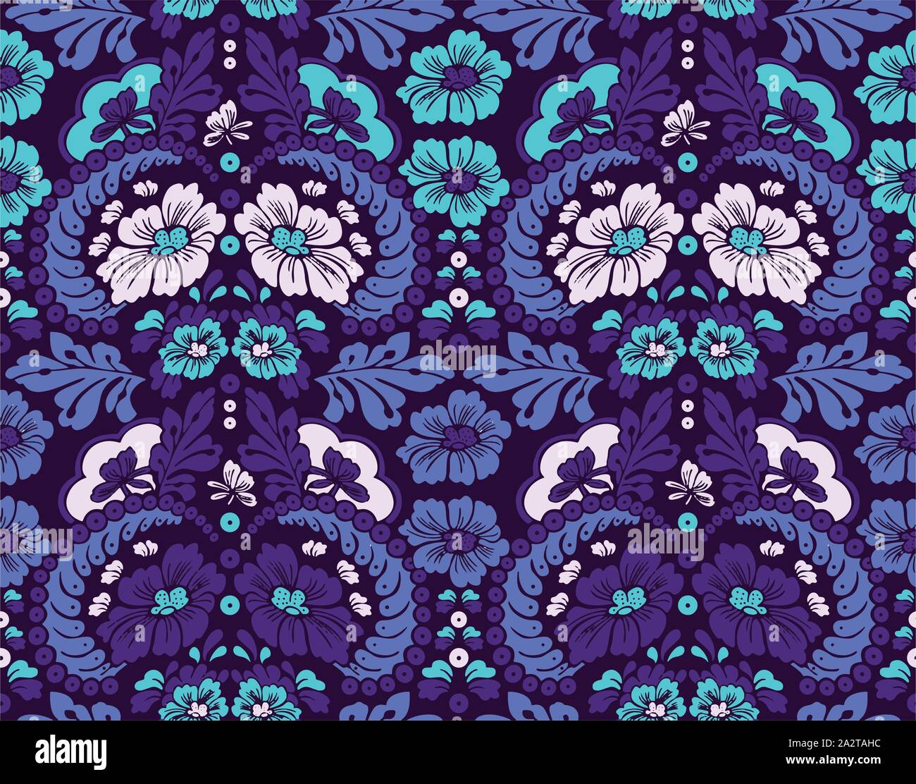 Seamless vintage floral vector pattern with leaves on dark blue ...
