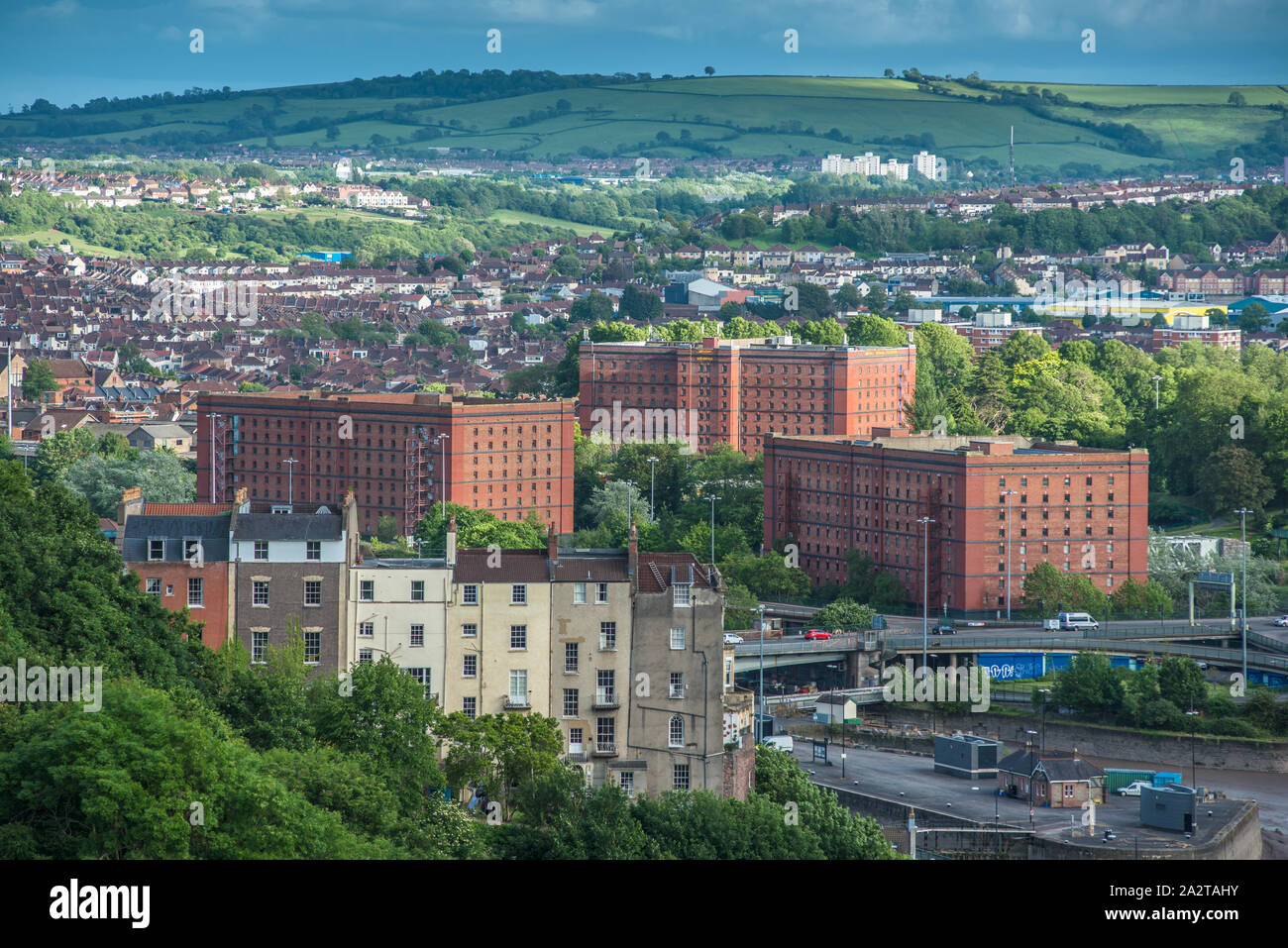 Wide ranging views along the river Avon towards Hotwells from Clifton Suspension Bridge in Bristol, Avon, England, UK. Stock Photo