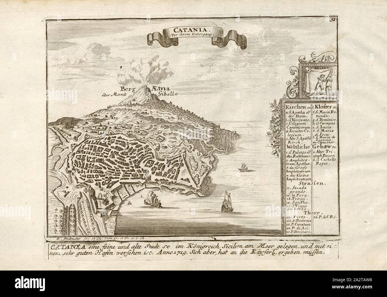 Catania before its demise, Catania and Etna in Sicily, signed: G. Bodenehr fec., et exc., a., v, pl. 31, p. 31, Bodenehr, Gabriel d. Ä (fec. et exc.), 1710, Gabriel Bodenehr: Europens Pracht und Macht in 200 Kupfer-Stücken: worinnen nicht nur allein die berühmtest und ansehnlichste, sondern auch andere Stätte, Festungen, Schlösser, Klöster, Pässe, Residentien, Palläste, Wasserfälle dises volckreichen Welttheils vermittelst anmuthiger und eigentlicher Prospecte, sambt kurzer geographischer Beschreibung zu sonderm Nuzen u. Gemüth vergnügender Ergözung vorgestellet werden. Augspurg: [Selbstverlag Stock Photo