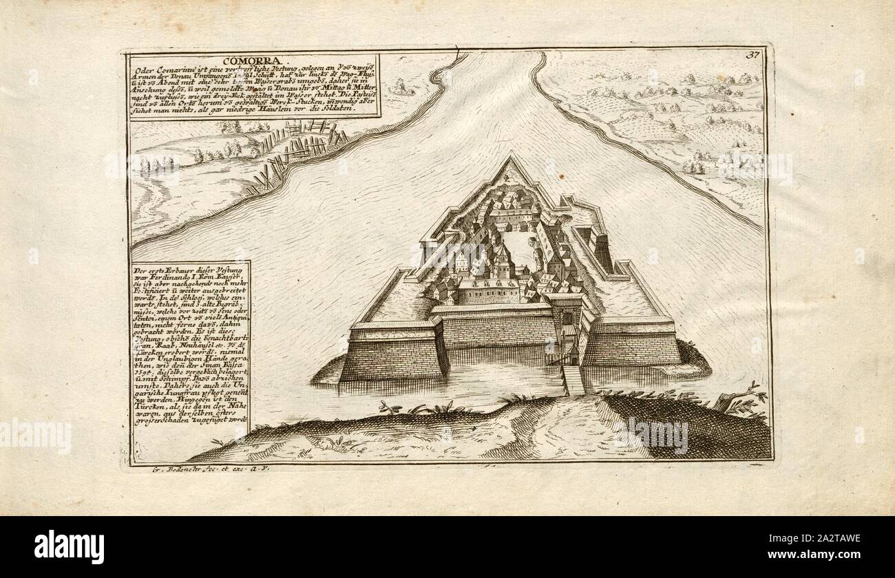 Comorra, Komarom (Komorn) in Slovakia, signed: G. Bodenehr fec., et exc., a., v. Plate 37, p. 37, Bodenehr, Gabriel d. Ä (fec. et exc.), 1710, Gabriel Bodenehr: Europens Pracht und Macht in 200 Kupfer-Stücken: worinnen nicht nur allein die berühmtest und ansehnlichste, sondern auch andere Stätte, Festungen, Schlösser, Klöster, Pässe, Residentien, Palläste, Wasserfälle dises volckreichen Welttheils vermittelst anmuthiger und eigentlicher Prospecte, sambt kurzer geographischer Beschreibung zu sonderm Nuzen u. Gemüth vergnügender Ergözung vorgestellet werden. Augspurg: [Selbstverlag], [ca. 1710 Stock Photo