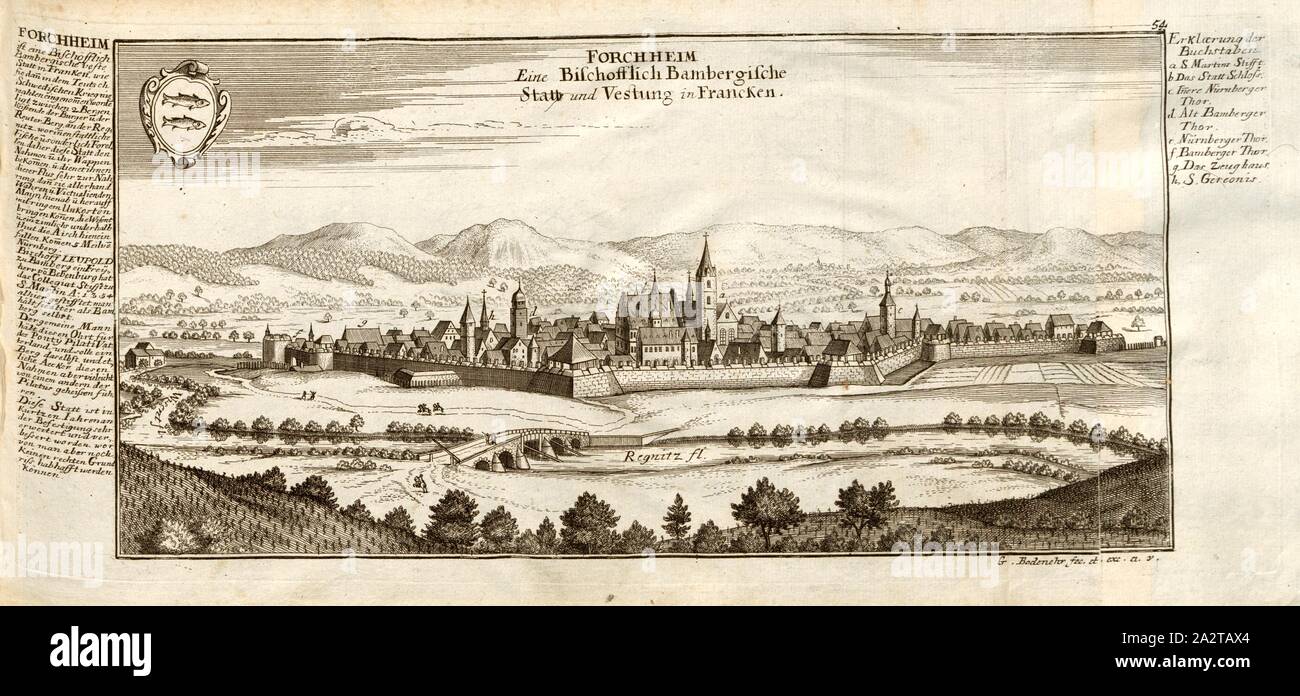 Forchheim, Forchheim in Bavaria, signed: G. Bodenehr fec., et exc., a., v, pl. 54, after p. 51, Bodenehr, Gabriel d. Ä (fec. et exc.), 1710, Gabriel Bodenehr: Europens Pracht und Macht in 200 Kupfer-Stücken: worinnen nicht nur allein die berühmtest und ansehnlichste, sondern auch andere Stätte, Festungen, Schlösser, Klöster, Pässe, Residentien, Palläste, Wasserfälle dises volckreichen Welttheils vermittelst anmuthiger und eigentlicher Prospecte, sambt kurzer geographischer Beschreibung zu sonderm Nuzen u. Gemüth vergnügender Ergözung vorgestellet werden. Augspurg: [Selbstverlag], [ca. 1710 Stock Photo