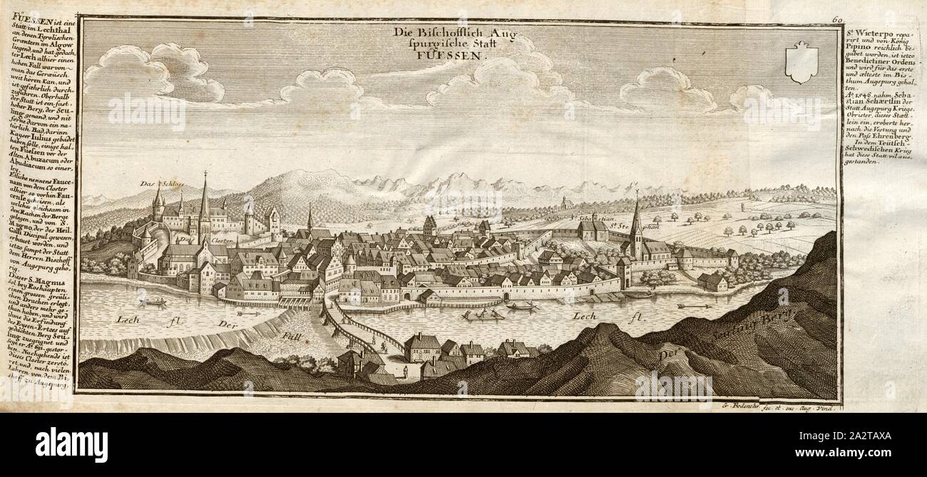 Fuessen, City of Füssen and Lech in Bavaria, signed: G. Bodenehr fec., et exc., a., v, pl. 60, after p. 51, Bodenehr, Gabriel d. Ä (fec. et exc.), 1710, Gabriel Bodenehr: Europens Pracht und Macht in 200 Kupfer-Stücken: worinnen nicht nur allein die berühmtest und ansehnlichste, sondern auch andere Stätte, Festungen, Schlösser, Klöster, Pässe, Residentien, Palläste, Wasserfälle dises volckreichen Welttheils vermittelst anmuthiger und eigentlicher Prospecte, sambt kurzer geographischer Beschreibung zu sonderm Nuzen u. Gemüth vergnügender Ergözung vorgestellet werden. Augspurg: [Selbstverlag], [ Stock Photo