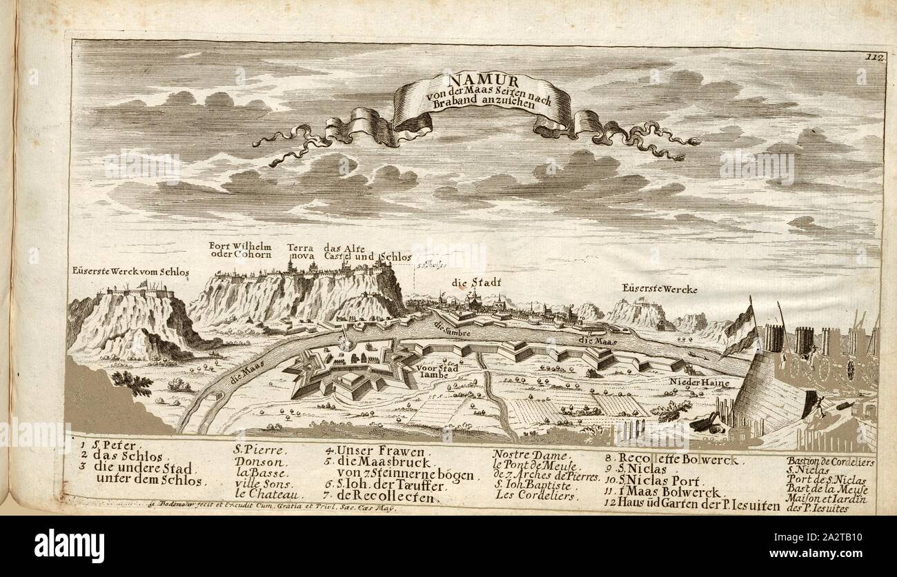 Namur, Namur in Belgium, signed: G. Bodenehr fec., et exc., a., v, pl. 112, after p. 51, Bodenehr, Gabriel d. Ä (fec. et exc.), 1710, Gabriel Bodenehr: Europens Pracht und Macht in 200 Kupfer-Stücken: worinnen nicht nur allein die berühmtest und ansehnlichste, sondern auch andere Stätte, Festungen, Schlösser, Klöster, Pässe, Residentien, Palläste, Wasserfälle dises volckreichen Welttheils vermittelst anmuthiger und eigentlicher Prospecte, sambt kurzer geographischer Beschreibung zu sonderm Nuzen u. Gemüth vergnügender Ergözung vorgestellet werden. Augspurg: [Selbstverlag], [ca. 1710 Stock Photo