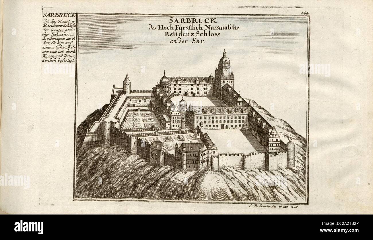 Sarrebruck, Saarbrücken Castle in Saarland, signed: G. Bodenehr fec., et exc., a., v, Plate 144, after p. 51, Bodenehr, Gabriel d. Ä (fec. et exc.), 1710, Gabriel Bodenehr: Europens Pracht und Macht in 200 Kupfer-Stücken: worinnen nicht nur allein die berühmtest und ansehnlichste, sondern auch andere Stätte, Festungen, Schlösser, Klöster, Pässe, Residentien, Palläste, Wasserfälle dises volckreichen Welttheils vermittelst anmuthiger und eigentlicher Prospecte, sambt kurzer geographischer Beschreibung zu sonderm Nuzen u. Gemüth vergnügender Ergözung vorgestellet werden. Augspurg: [Selbstverlag Stock Photo