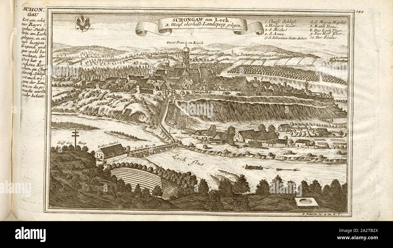 Schongaw am Lech, Schongau and Lech in Upper Bavaria, signed: G. Bodenehr fec., et exc., a., v, pl. 148, after p. 51, 1710, Gabriel Bodenehr: Europens Pracht und Macht in 200 Kupfer-Stücken: worinnen nicht nur allein die berühmtest und ansehnlichste, sondern auch andere Stätte, Festungen, Schlösser, Klöster, Pässe, Residentien, Palläste, Wasserfälle dises volckreichen Welttheils vermittelst anmuthiger und eigentlicher Prospecte, sambt kurzer geographischer Beschreibung zu sonderm Nuzen u. Gemüth vergnügender Ergözung vorgestellet werden. Augspurg: [Selbstverlag], [ca. 1710 Stock Photo