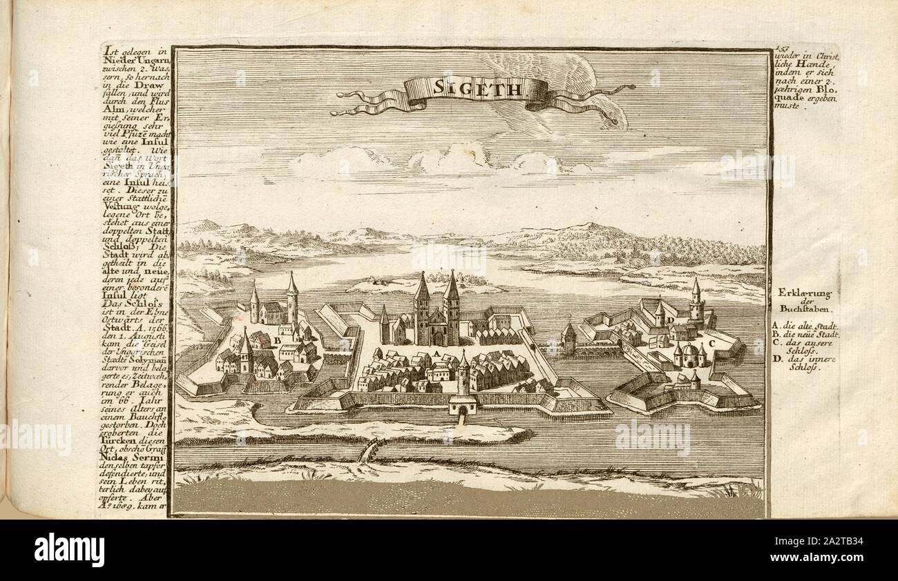 Sigeth, Town and fortress Szigetvar in Hungary, signed: G. Bodenehr fec., et exc., a., v. Plate 153, p. 51, Bodenehr, Gabriel d. Ä (fec. et exc.), 1710, Gabriel Bodenehr: Europens Pracht und Macht in 200 Kupfer-Stücken: worinnen nicht nur allein die berühmtest und ansehnlichste, sondern auch andere Stätte, Festungen, Schlösser, Klöster, Pässe, Residentien, Palläste, Wasserfälle dises volckreichen Welttheils vermittelst anmuthiger und eigentlicher Prospecte, sambt kurzer geographischer Beschreibung zu sonderm Nuzen u. Gemüth vergnügender Ergözung vorgestellet werden. Augspurg: [Selbstverlag], [ Stock Photo