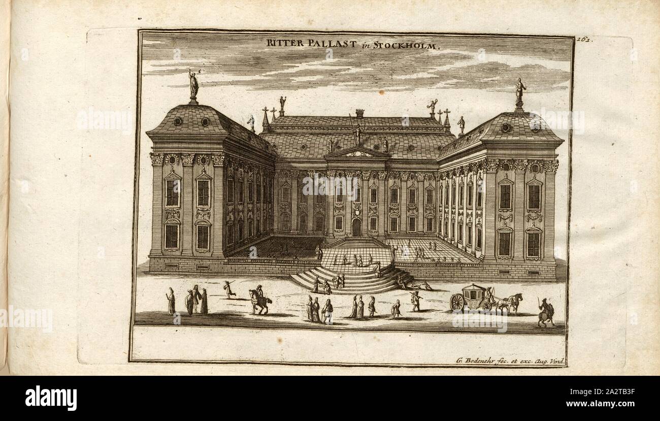 Knight Palace in Stockholm, Riddarhuset in Stockholm, signed: G. Bodenehr fec., et exc., a., v. Plate 161, p. 51, Bodenehr, Gabriel d. Ä (fec. et exc.), 1710, Gabriel Bodenehr: Europens Pracht und Macht in 200 Kupfer-Stücken: worinnen nicht nur allein die berühmtest und ansehnlichste, sondern auch andere Stätte, Festungen, Schlösser, Klöster, Pässe, Residentien, Palläste, Wasserfälle dises volckreichen Welttheils vermittelst anmuthiger und eigentlicher Prospecte, sambt kurzer geographischer Beschreibung zu sonderm Nuzen u. Gemüth vergnügender Ergözung vorgestellet werden. Augspurg: [ Stock Photo