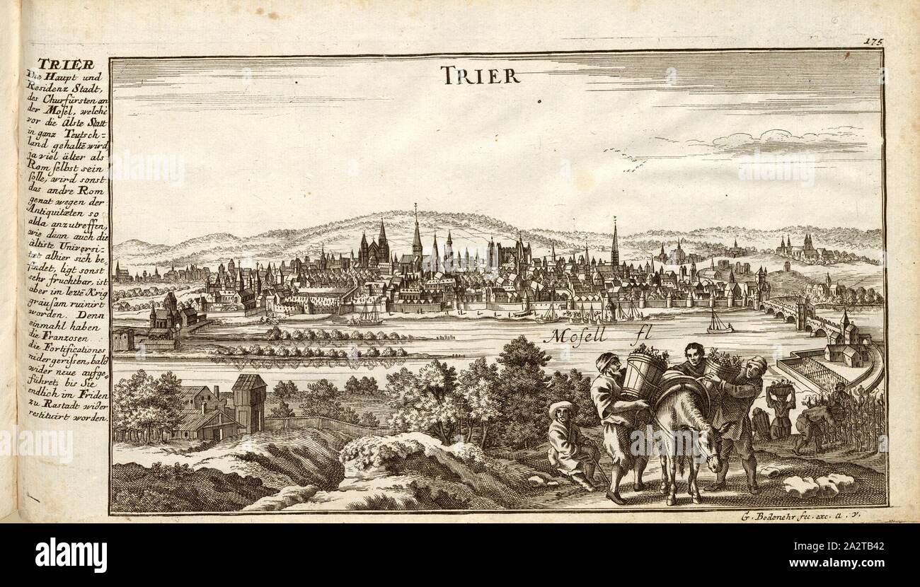 Trier, Trier and Moselle in Rhineland-Palatinate, signed: G. Bodenehr fec., et exc., a., v, pl. 175, after p. 51, Bodenehr, Gabriel d. Ä (fec. et exc.), 1710, Gabriel Bodenehr: Europens Pracht und Macht in 200 Kupfer-Stücken: worinnen nicht nur allein die berühmtest und ansehnlichste, sondern auch andere Stätte, Festungen, Schlösser, Klöster, Pässe, Residentien, Palläste, Wasserfälle dises volckreichen Welttheils vermittelst anmuthiger und eigentlicher Prospecte, sambt kurzer geographischer Beschreibung zu sonderm Nuzen u. Gemüth vergnügender Ergözung vorgestellet werden. Augspurg: [ Stock Photo