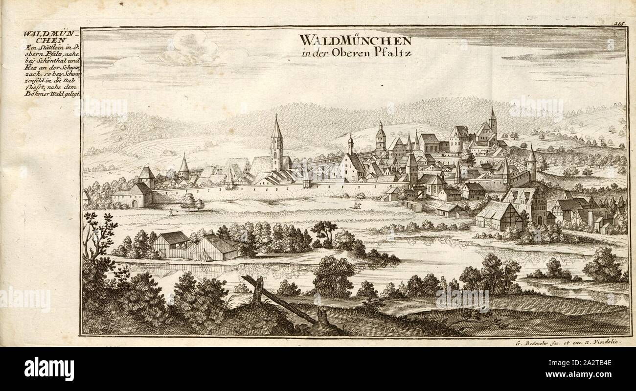 Waldmünchen in the Upper Pfaltz, Waldmünchen in Bavaria, signed: G. Bodenehr fec., et exc., a., v, pl. 185, after p. 51, Bodenehr, Gabriel d. Ä (fec. et exc.), 1710, Gabriel Bodenehr: Europens Pracht und Macht in 200 Kupfer-Stücken: worinnen nicht nur allein die berühmtest und ansehnlichste, sondern auch andere Stätte, Festungen, Schlösser, Klöster, Pässe, Residentien, Palläste, Wasserfälle dises volckreichen Welttheils vermittelst anmuthiger und eigentlicher Prospecte, sambt kurzer geographischer Beschreibung zu sonderm Nuzen u. Gemüth vergnügender Ergözung vorgestellet werden. Augspurg: [ Stock Photo