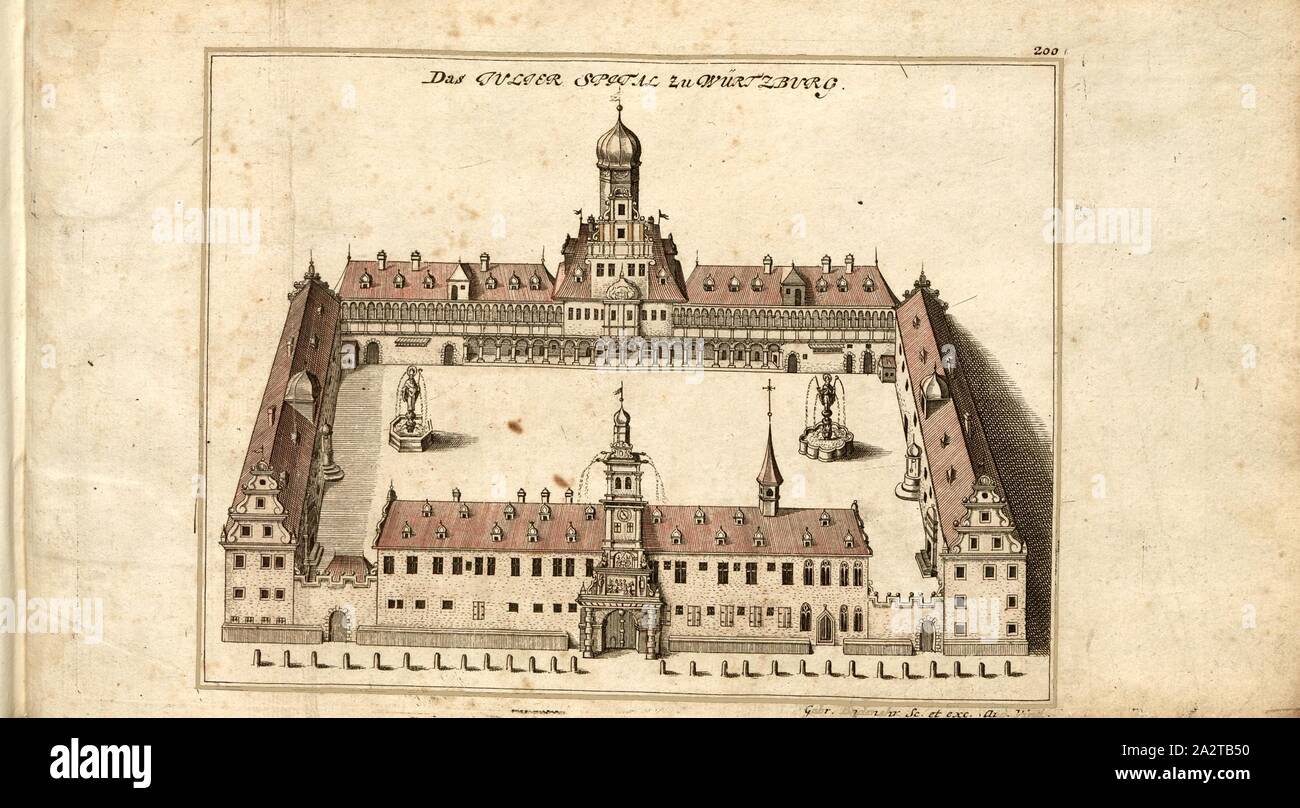 The Juljer Hospital in Würtzburg, Juliusspital in Würzburg, signed: G. Bodenehr fec., et exc., a., v, pl. 200, after p. 51, Bodenehr, Gabriel d. Ä (fec. et exc.), 1710, Gabriel Bodenehr: Europens Pracht und Macht in 200 Kupfer-Stücken: worinnen nicht nur allein die berühmtest und ansehnlichste, sondern auch andere Stätte, Festungen, Schlösser, Klöster, Pässe, Residentien, Palläste, Wasserfälle dises volckreichen Welttheils vermittelst anmuthiger und eigentlicher Prospecte, sambt kurzer geographischer Beschreibung zu sonderm Nuzen u. Gemüth vergnügender Ergözung vorgestellet werden. Augspurg: [ Stock Photo