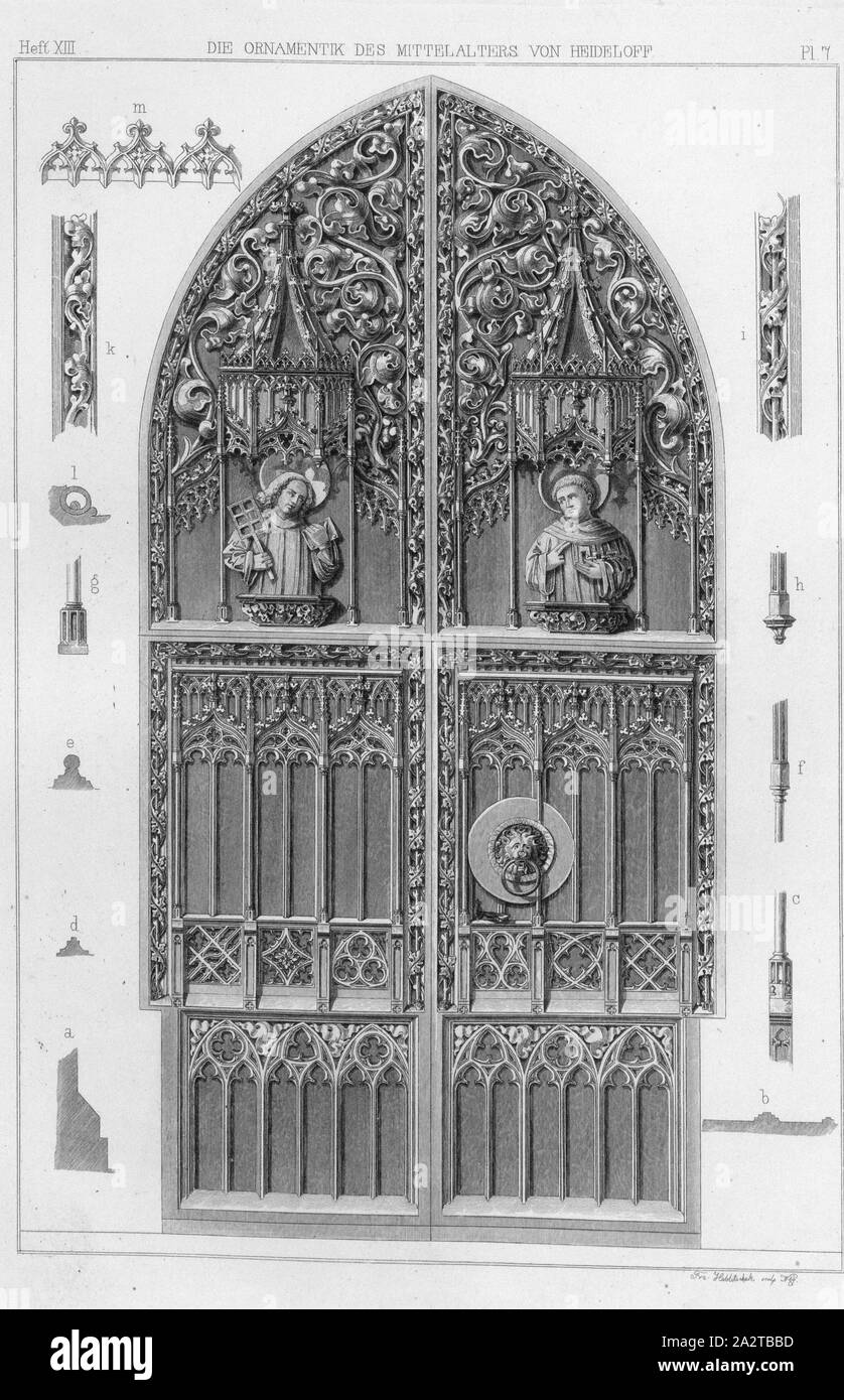 Ornate door with sacred figures, Illustration of an ornately decorated door with saints from the 19th century, signed: Frz., Hablitschek sculp Nbg, Pl. 7, p. 69, Hablitschek, Frz. (sculp.), 1846, Carl Heideloff: Die Ornamentik des Mittelalters: eine Sammlung auserwählter Verziehrungen und Profile byzantinischer und deutscher Architektur = Les ornements du moyen-âge. III. Band. Nürnberg: Geiger 1846 Stock Photo