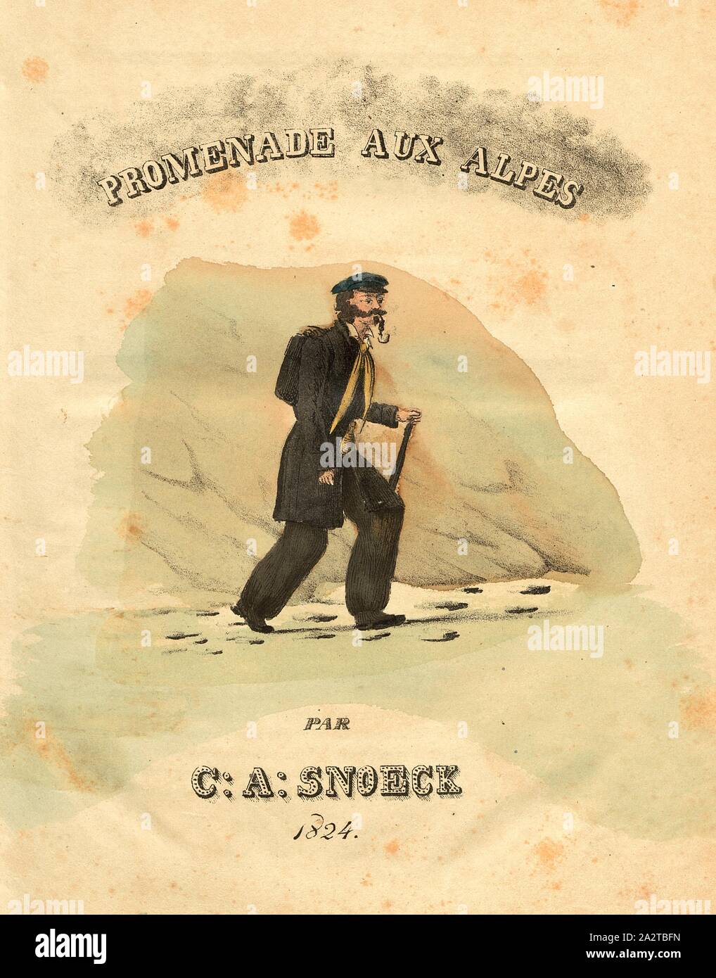Walk to the Alps, traveler with pipe and backpack, title page, Snoeck, Charles Alexander (dess.), 1824, Charles Alexander Snoeck: Promenade aux Alpes. [Nicht ermittelbar]: [nicht ermittelbar], 1824 Stock Photo