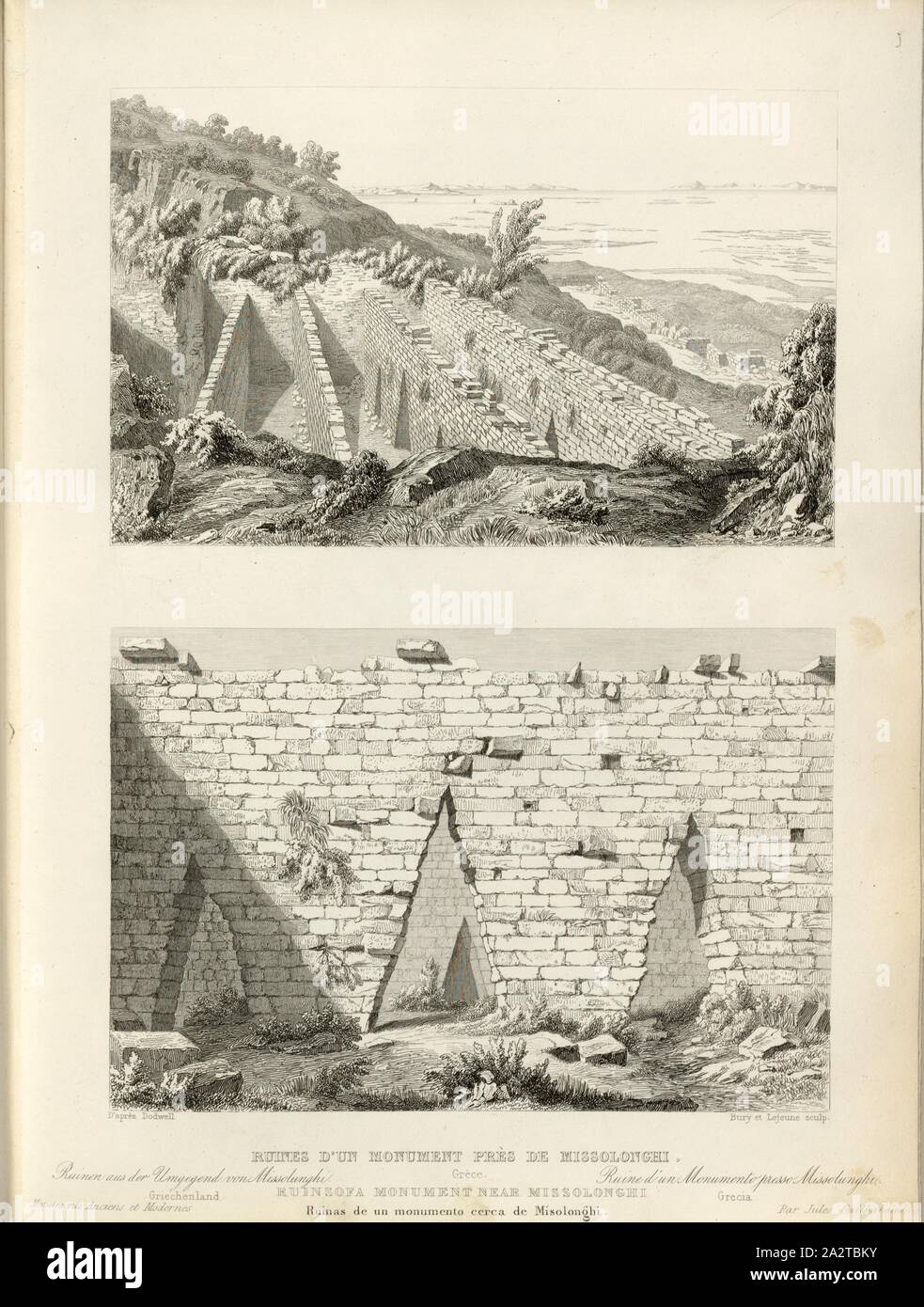 Ruins of a Monument near Missolonghi, Ruins in the area Mesolongi in Greece, signed: d'après Dodwell, Bury et Leujeune (sculp.), Fig. 16, p. 79, Dodwell, Edward (d'après.), Bury, J. (sc.), Leujeune, Emile (sc.), 1853, Jules Gailhabaud: Monuments anciens et modernes. Bd. 1. Paris: Librairie de Firmin Didot frères, 1853 Stock Photo