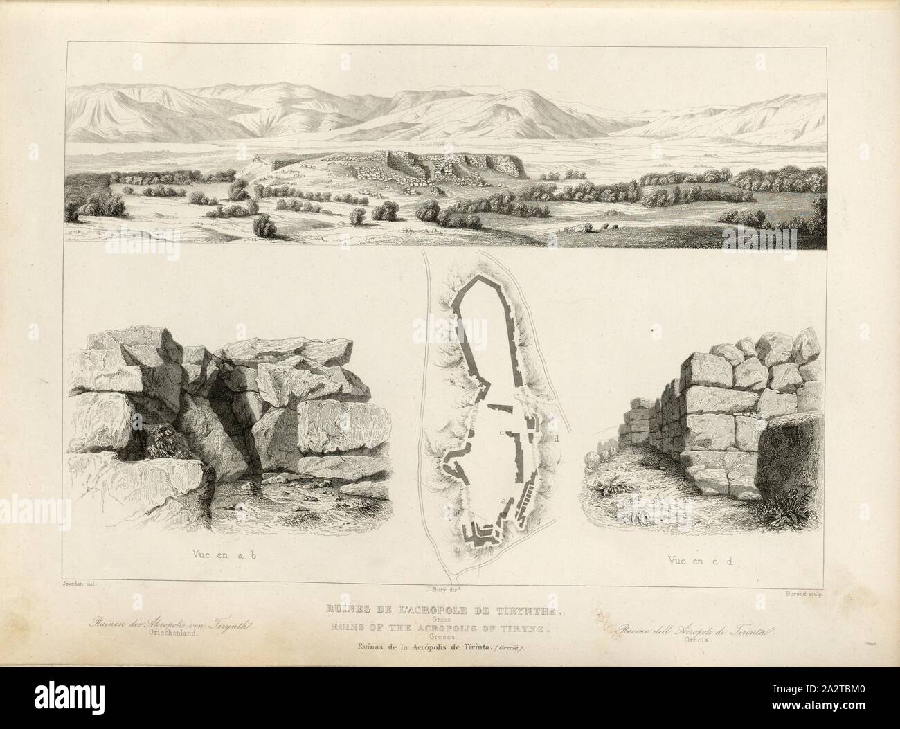 Ruins of the Acropolis of Tiryns, Ruin of the Acropolis of Tiryns, signed: Jourdan (del.), J. Bury (dir.), Durond (sculp.), Fig. 17, p. 85, Jourdan (del.), Bury, J. (dir.), Duron (sculp.), 1853, Jules Gailhabaud: Monuments anciens et modernes. Bd. 1. Paris: Librairie de Firmin Didot frères, 1853 Stock Photo